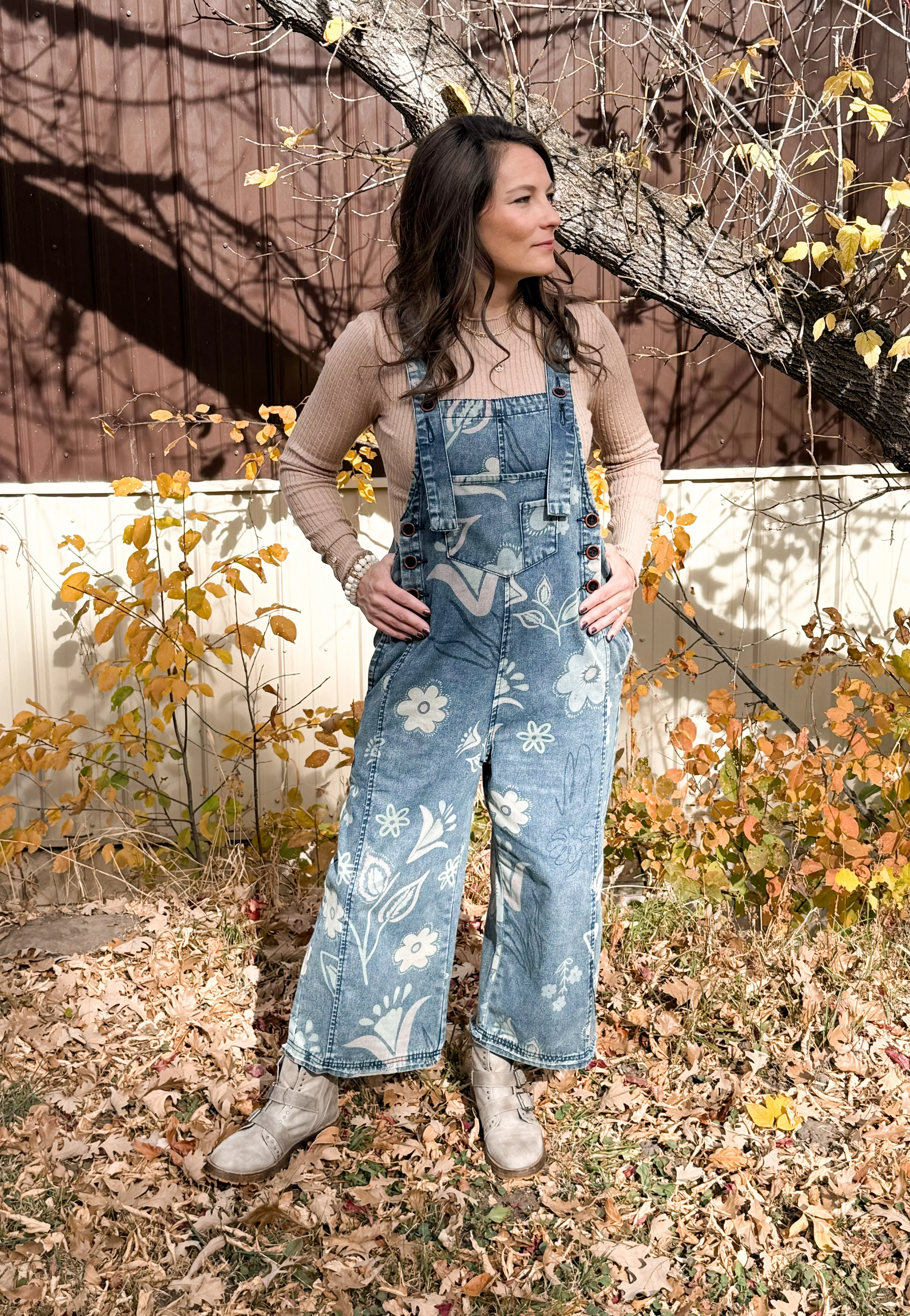Floral Print Washed Demin Overalls