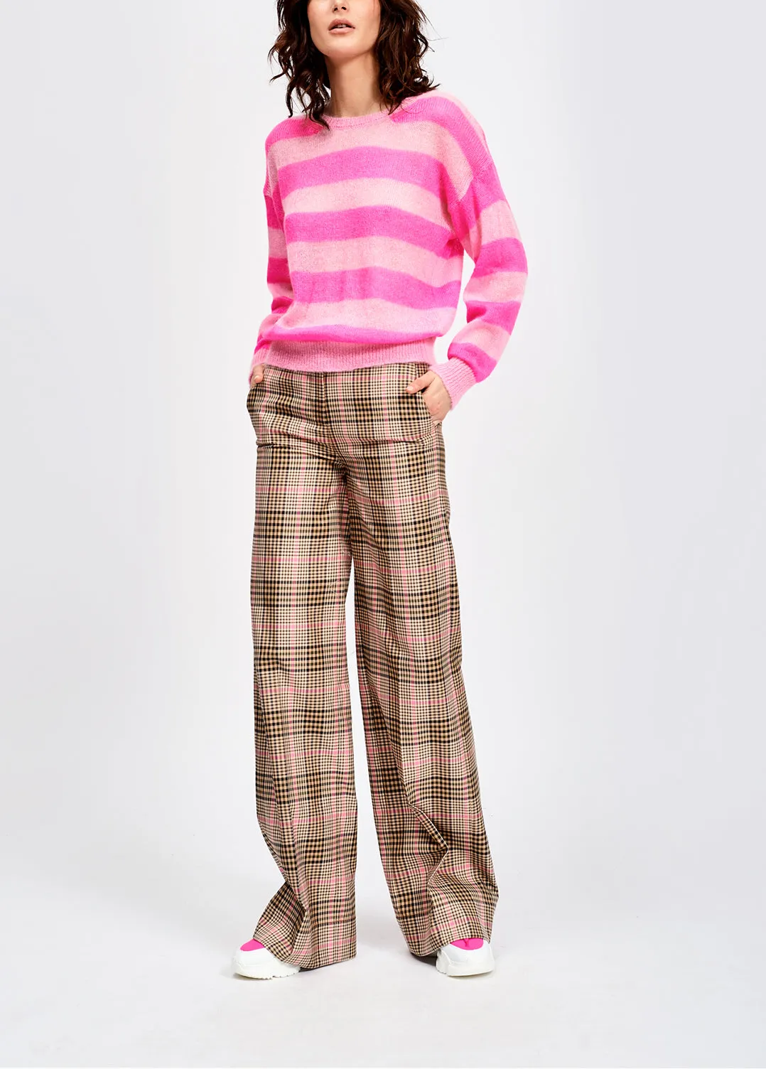 Fuchsia and light pink striped light knit sweater
