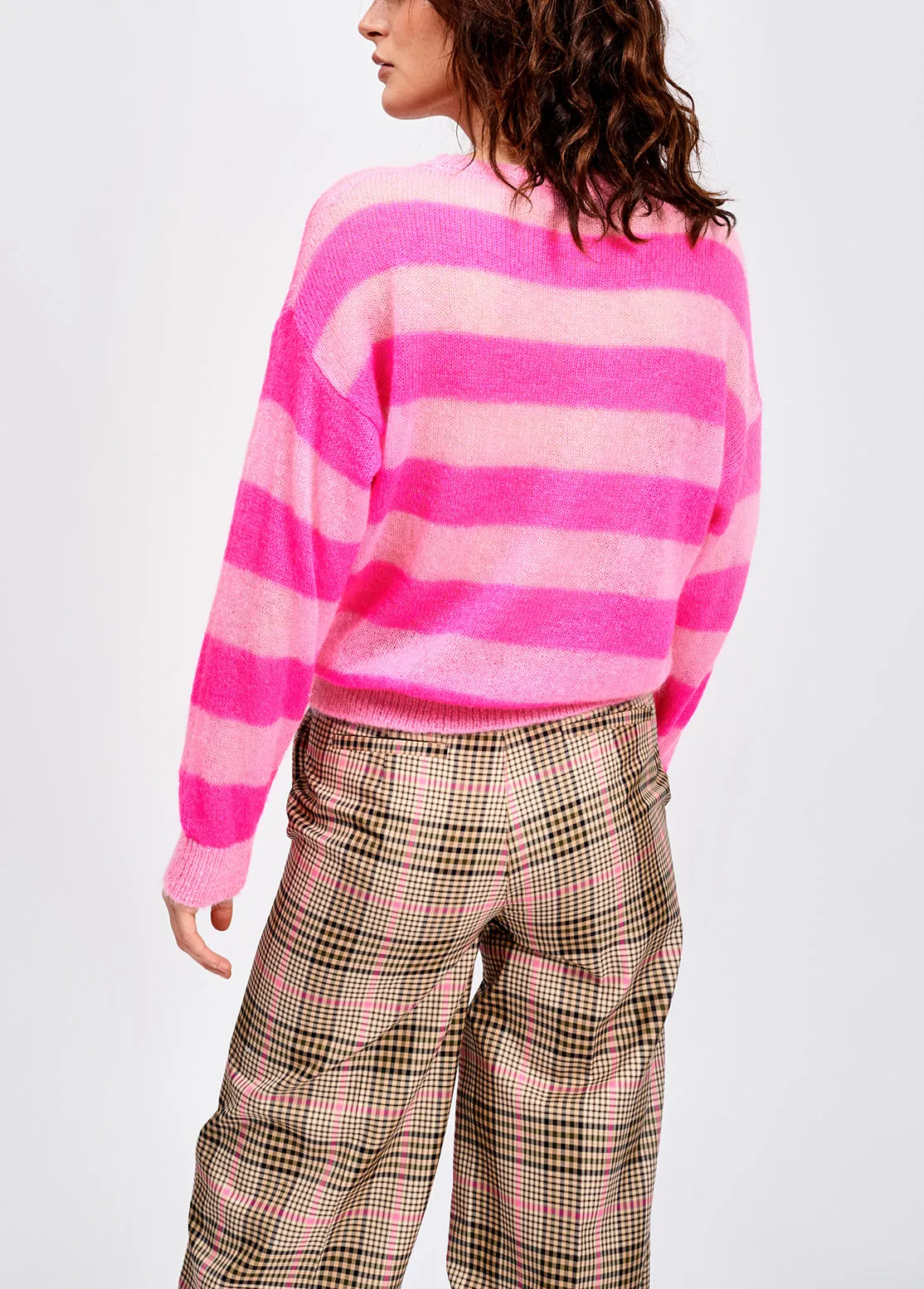 Fuchsia and light pink striped light knit sweater