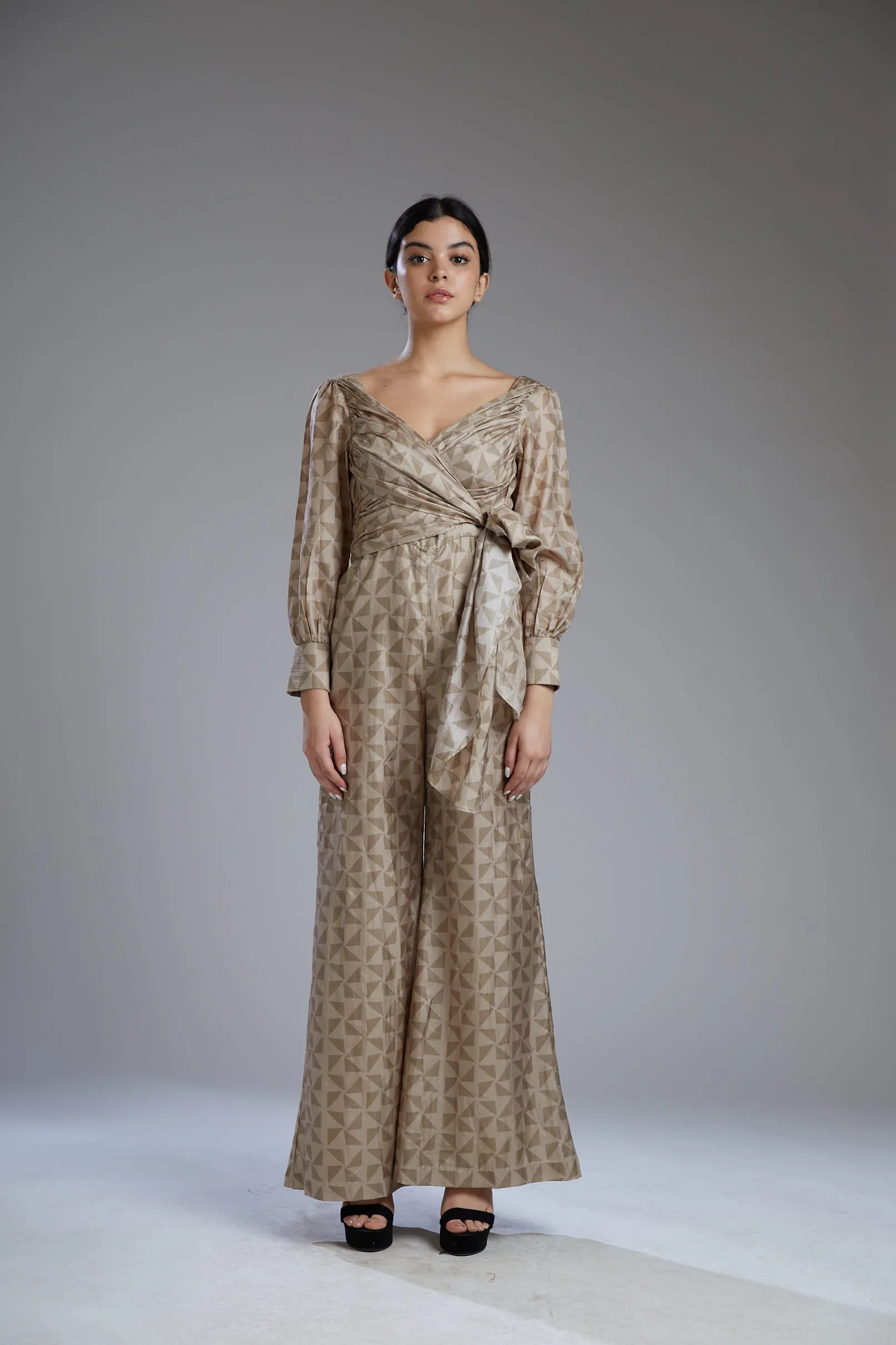 Grey & Brown Diamond Wrap Jumpsuit