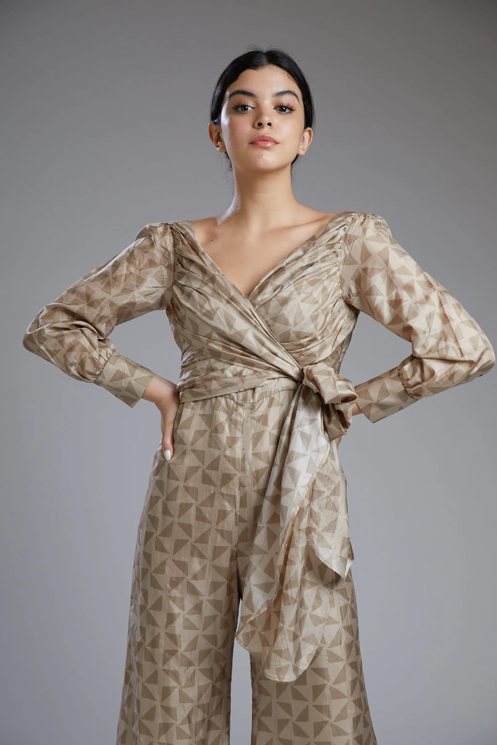 Grey & Brown Diamond Wrap Jumpsuit