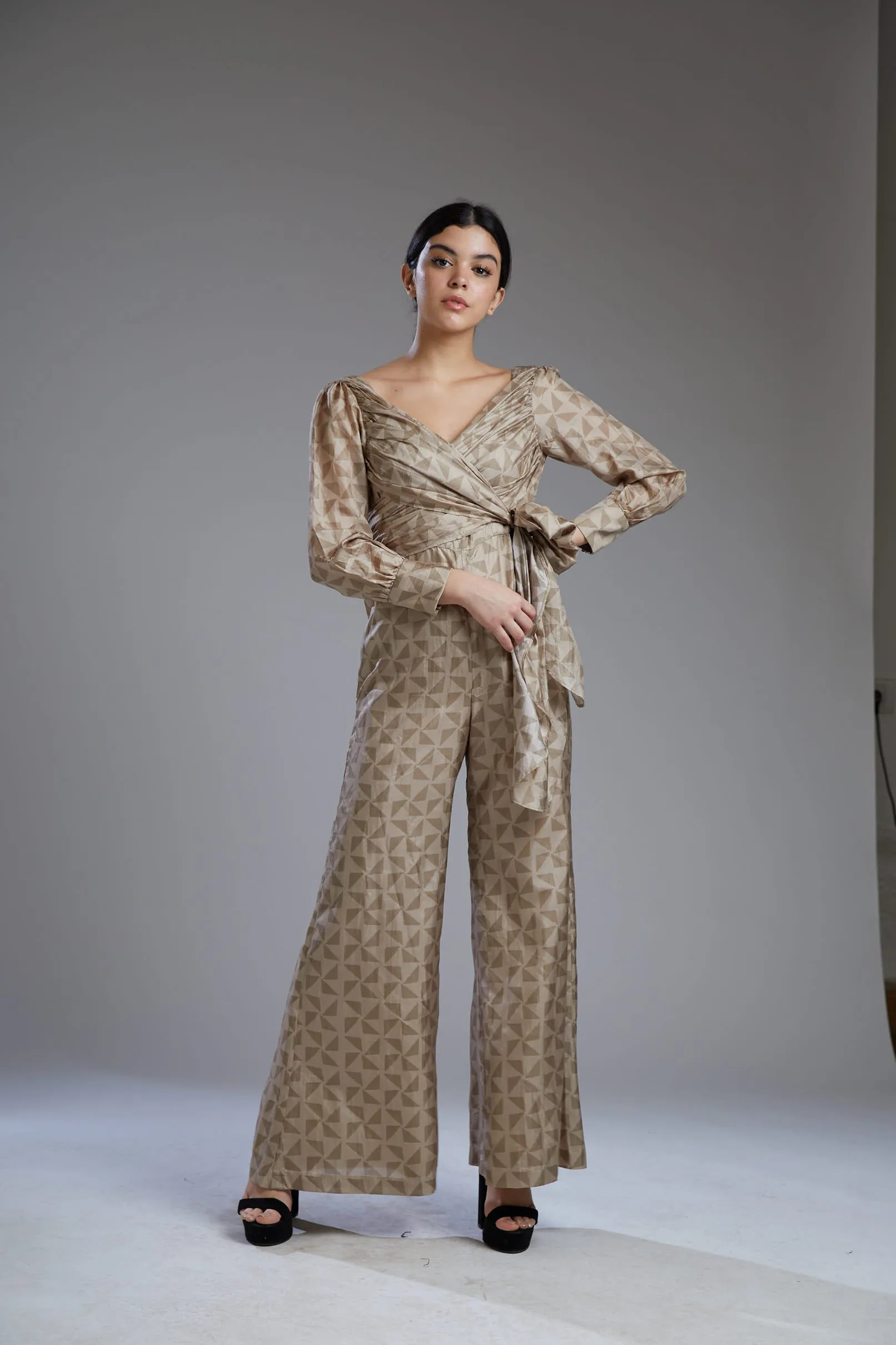 Grey & Brown Diamond Wrap Jumpsuit