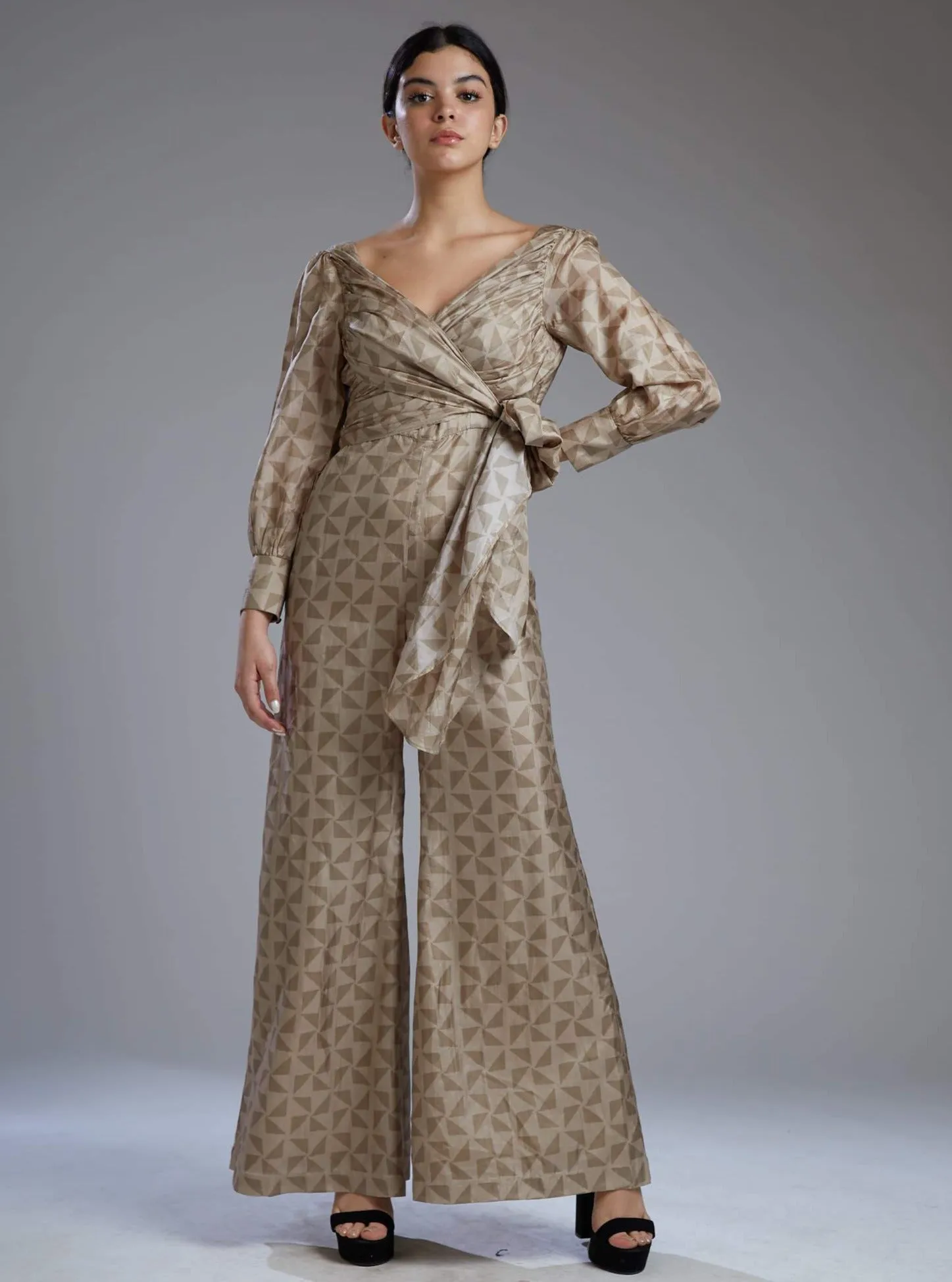 Grey & Brown Diamond Wrap Jumpsuit