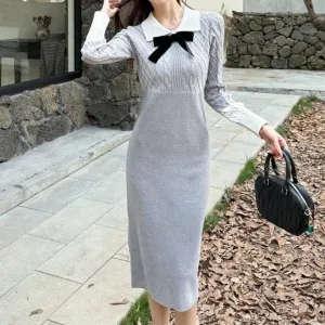 Grey Knit Dress With Bow Detailing