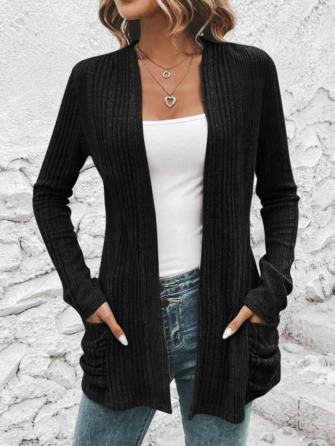 Hazel Blues® |  Ribbed Open Front Cardigan with Pockets