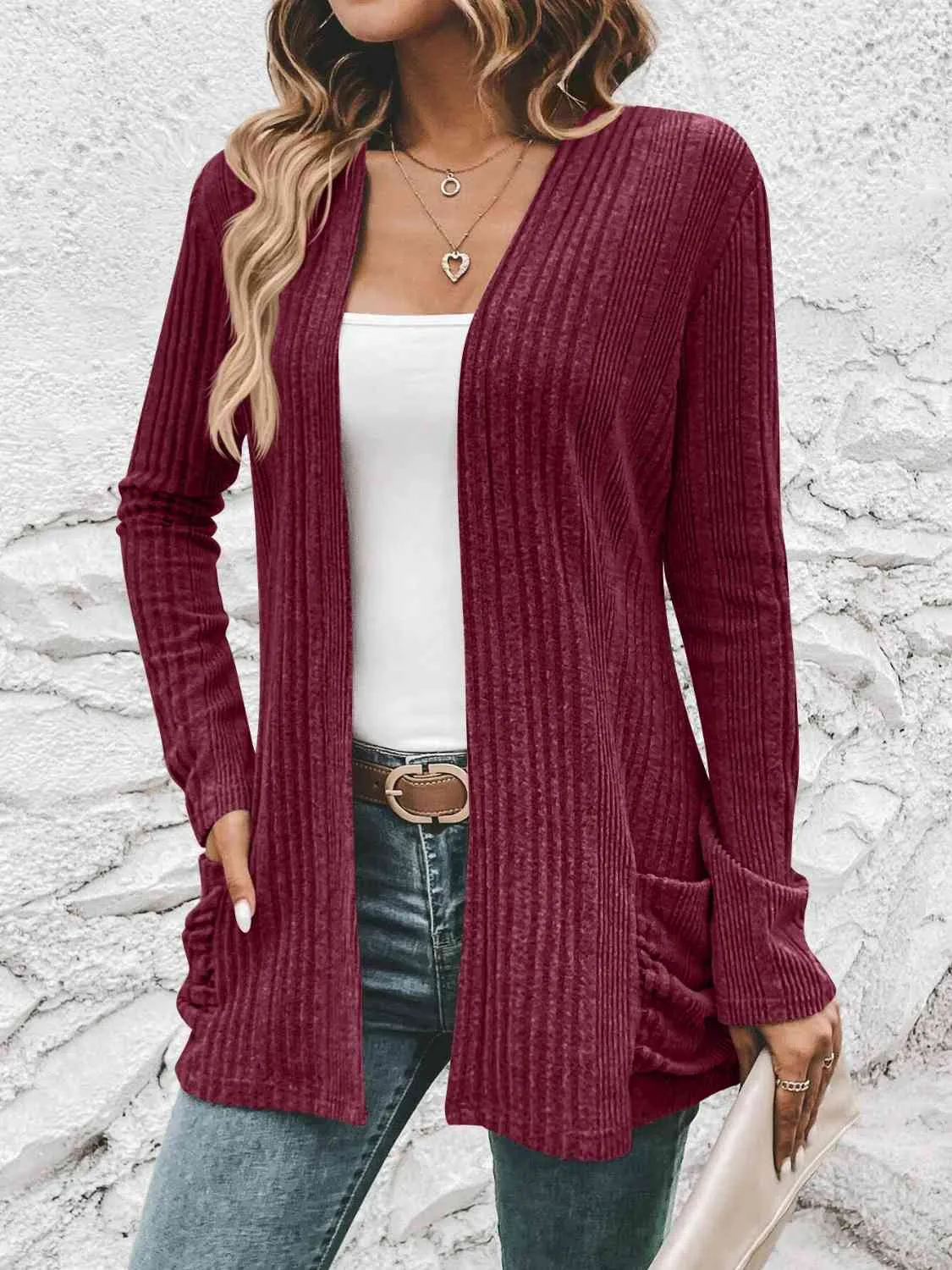 Hazel Blues® |  Ribbed Open Front Cardigan with Pockets