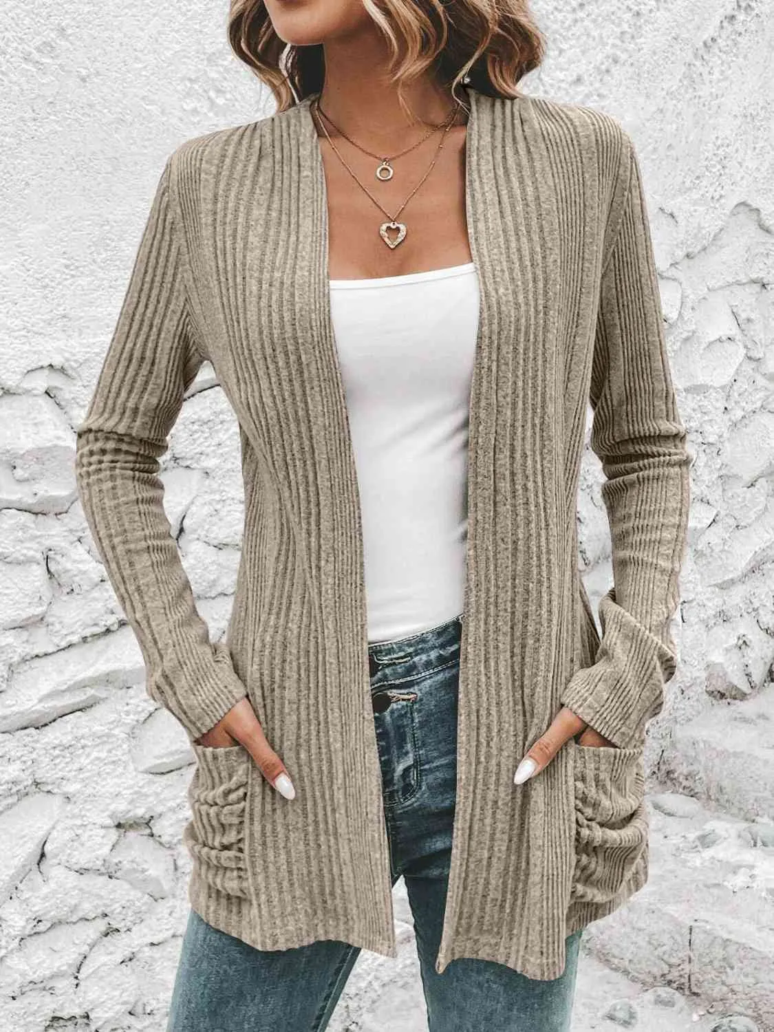Hazel Blues® |  Ribbed Open Front Cardigan with Pockets