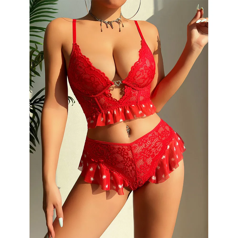 Heart Lace Push Up Bra And Panties Two Piece Set