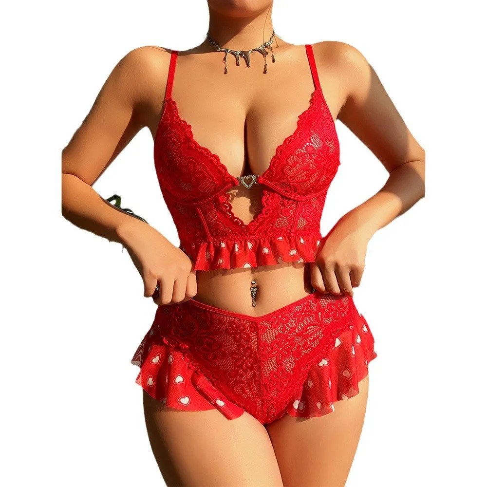 Heart Lace Push Up Bra And Panties Two Piece Set