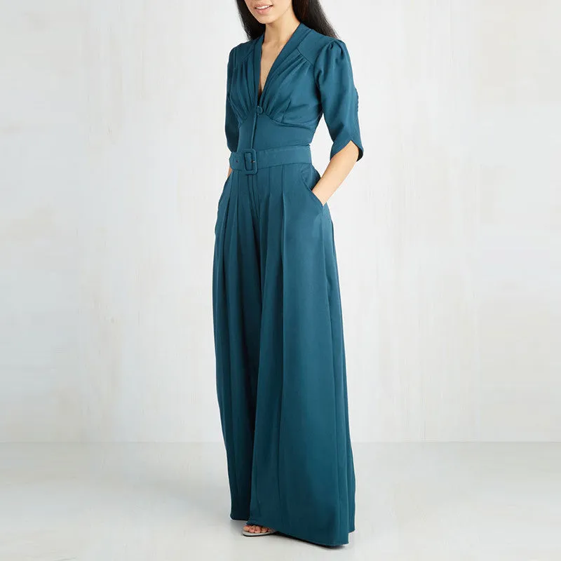High Waist Slim Pocket Woman Jumpsuit Romper V-Neck Short Sleeve Harem Fashion Jumpsuit