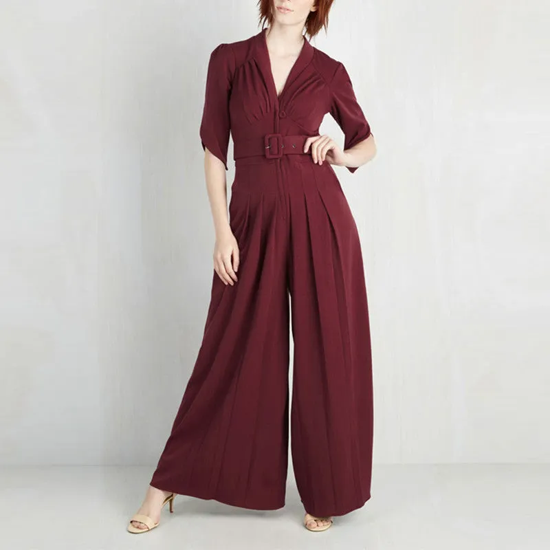 High Waist Slim Pocket Woman Jumpsuit Romper V-Neck Short Sleeve Harem Fashion Jumpsuit