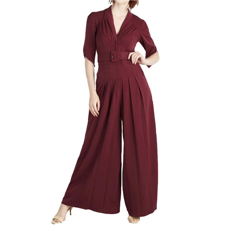 High Waist Slim Pocket Woman Jumpsuit Romper V-Neck Short Sleeve Harem Fashion Jumpsuit