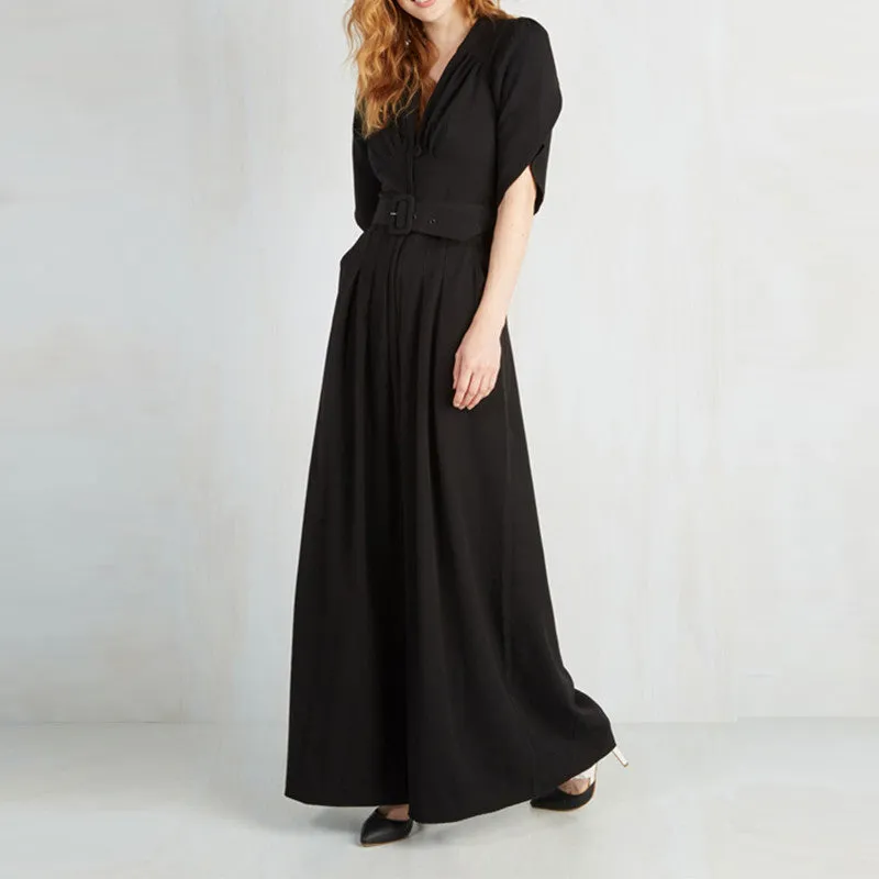 High Waist Slim Pocket Woman Jumpsuit Romper V-Neck Short Sleeve Harem Fashion Jumpsuit