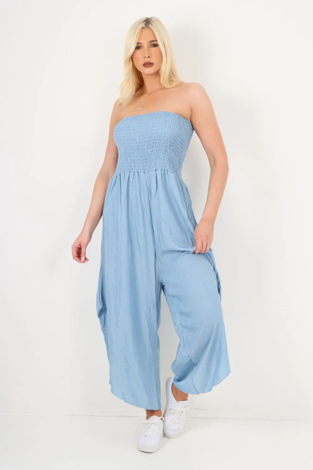 italian denim look ruched detail jumpsuit