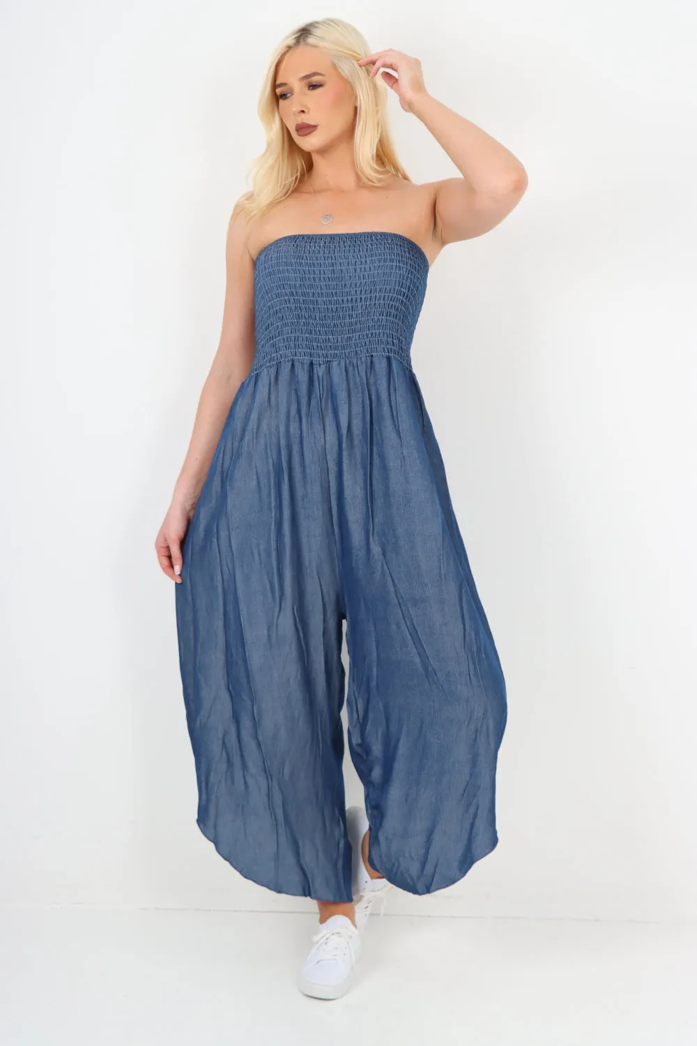italian denim look ruched detail jumpsuit