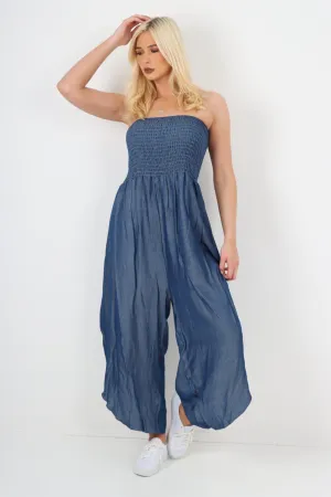 italian denim look ruched detail jumpsuit
