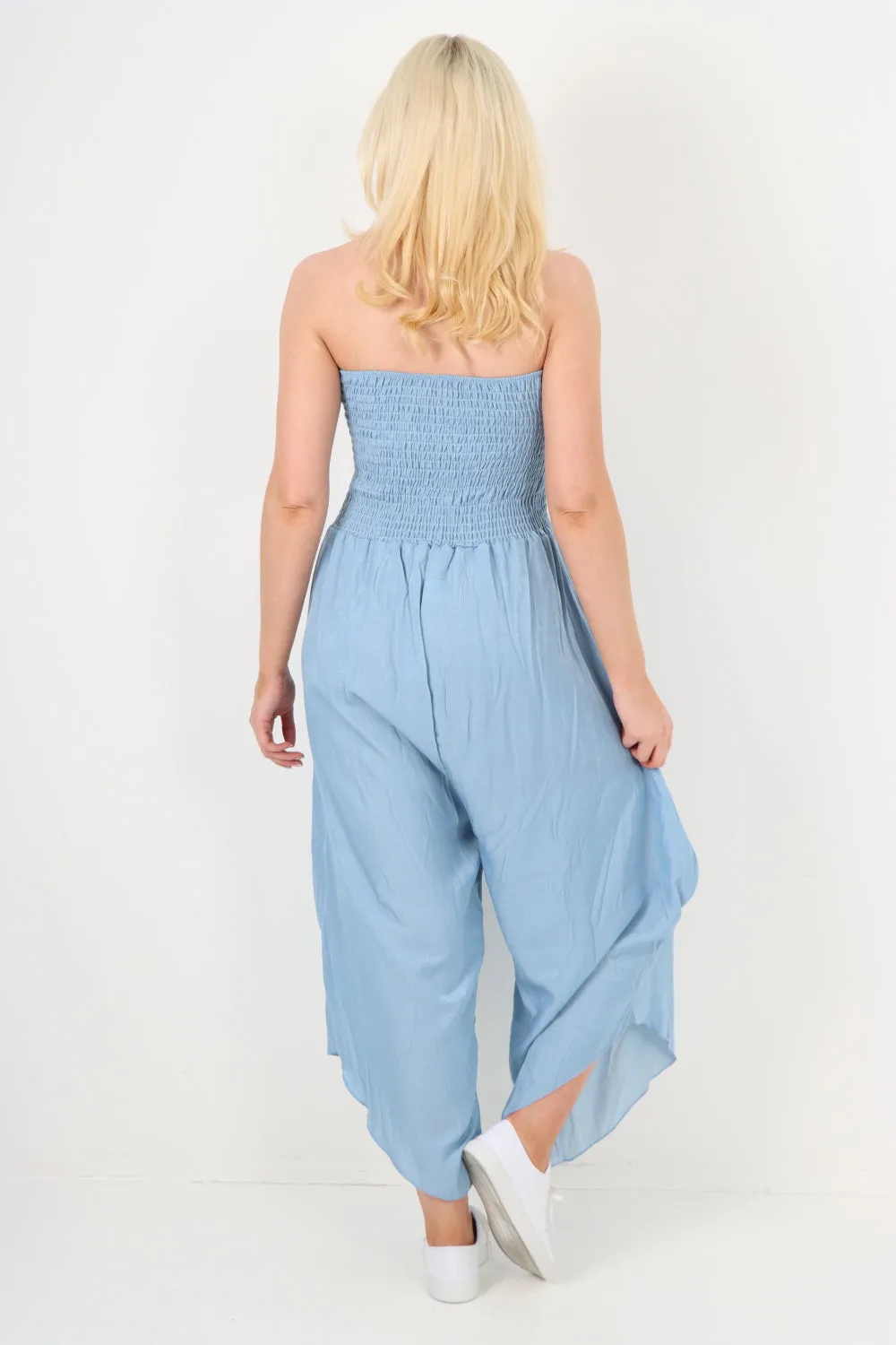 italian denim look ruched detail jumpsuit