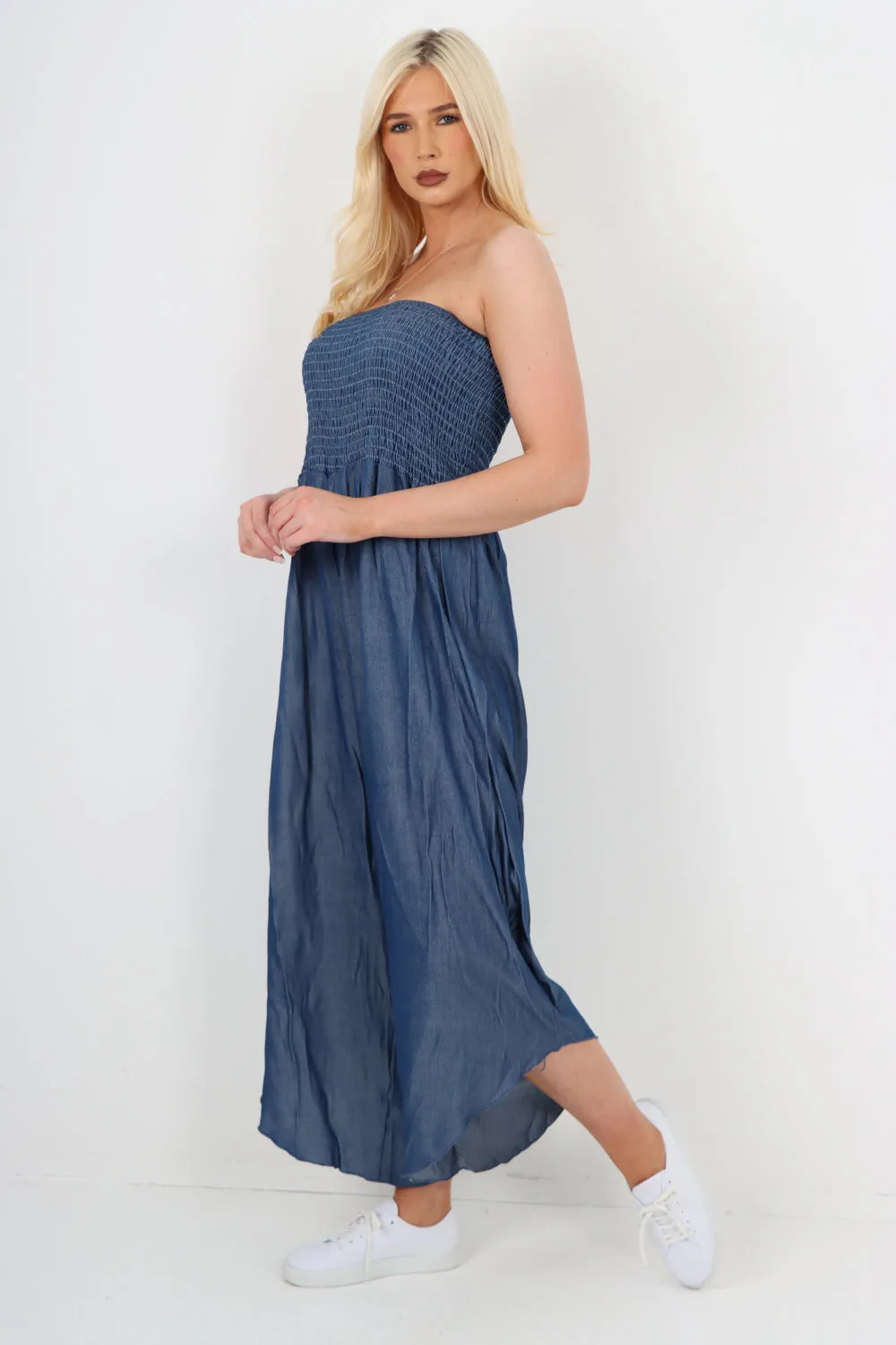 italian denim look ruched detail jumpsuit