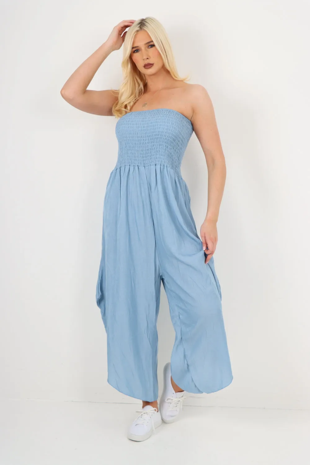 italian denim look ruched detail jumpsuit