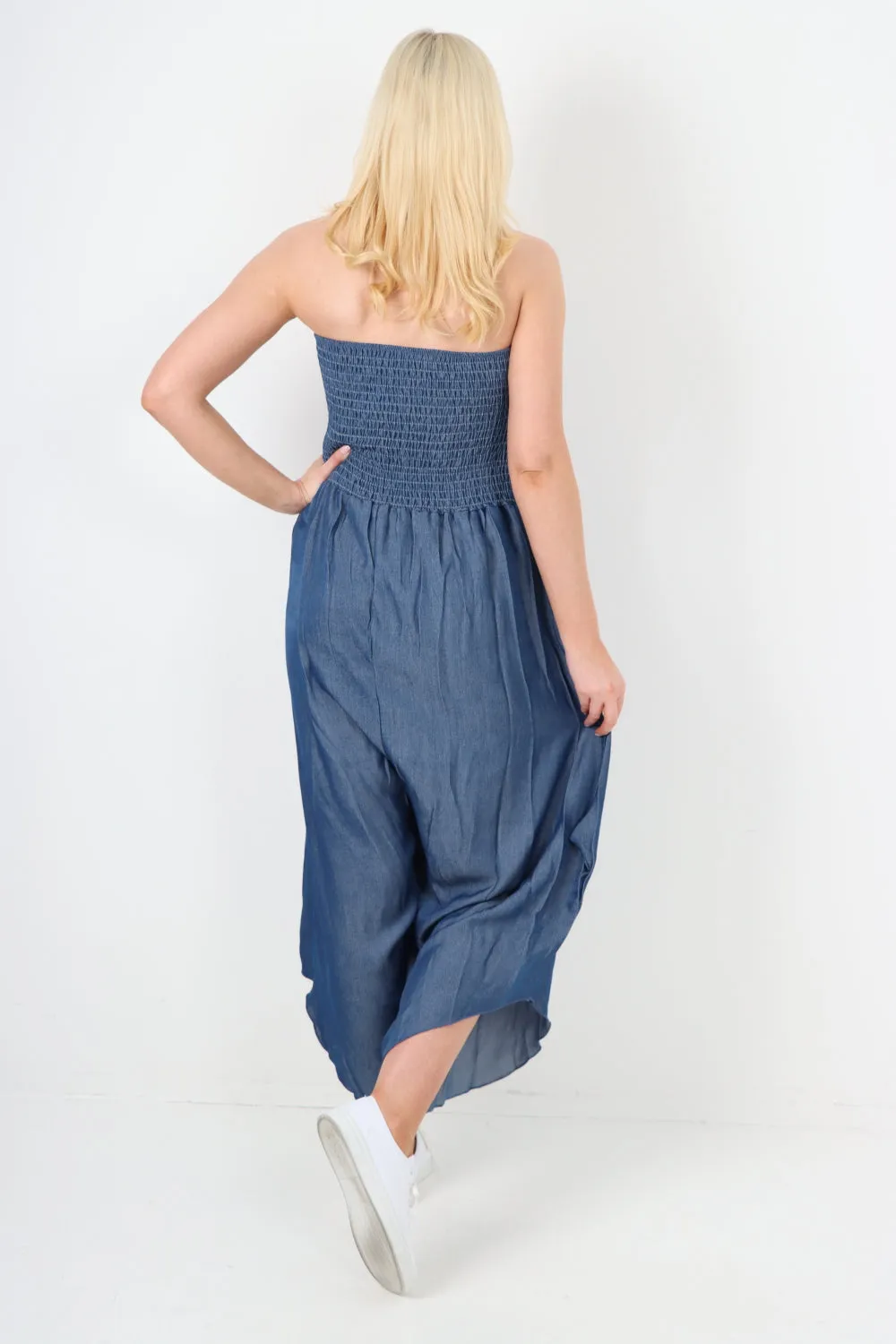 italian denim look ruched detail jumpsuit