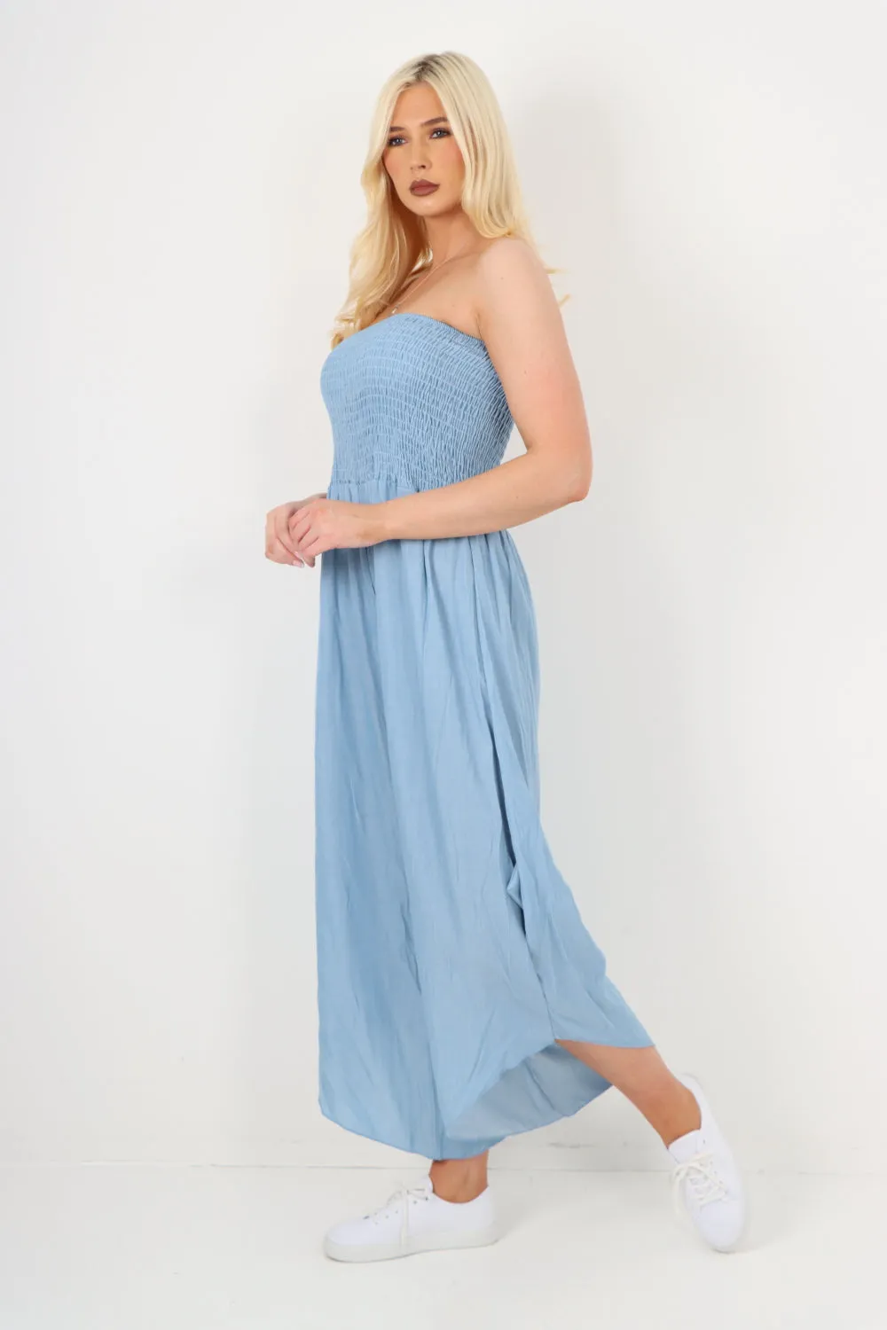 italian denim look ruched detail jumpsuit