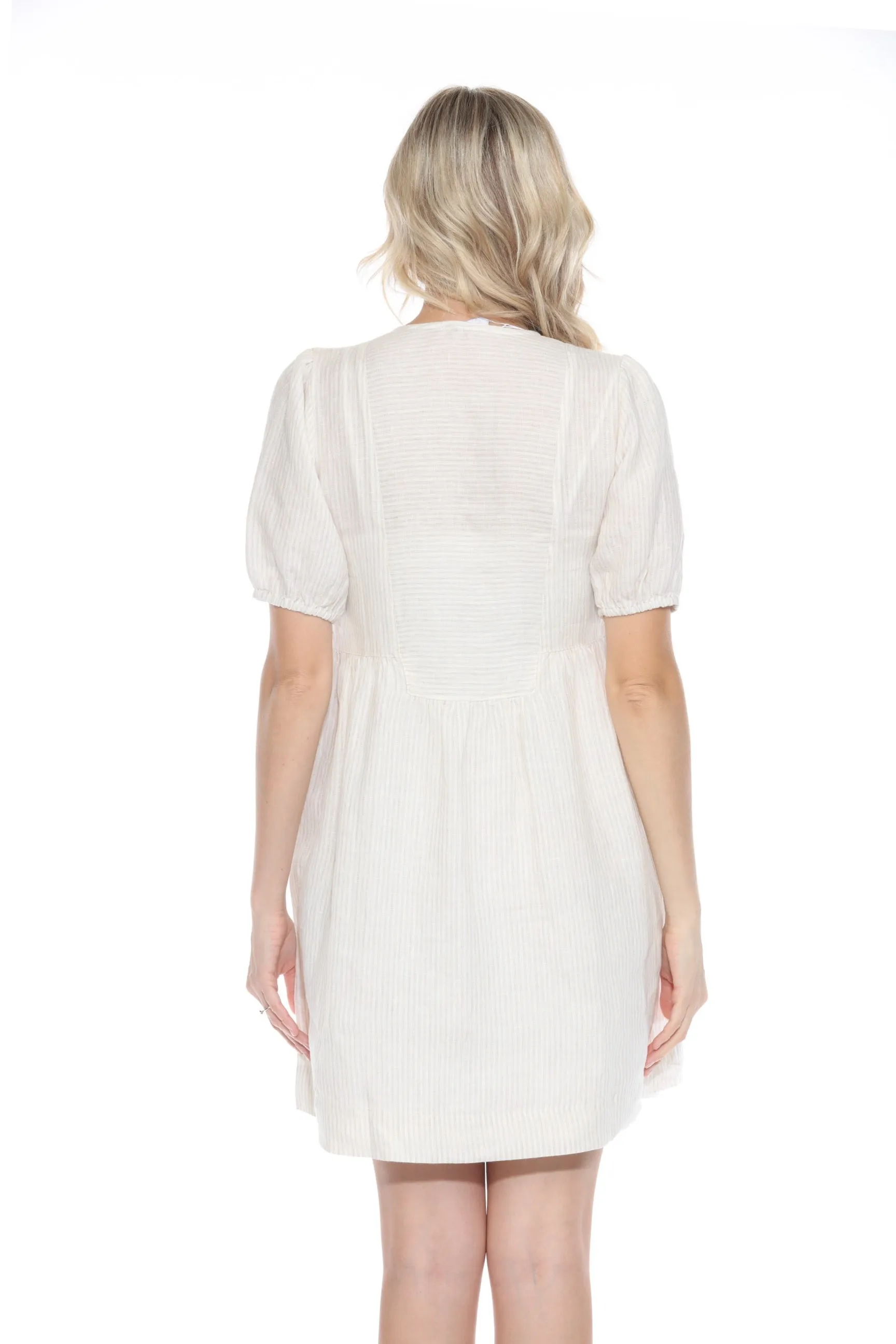 Johnny Was Calme Beige Striped Puff Sleeve Mini Dress O31134
