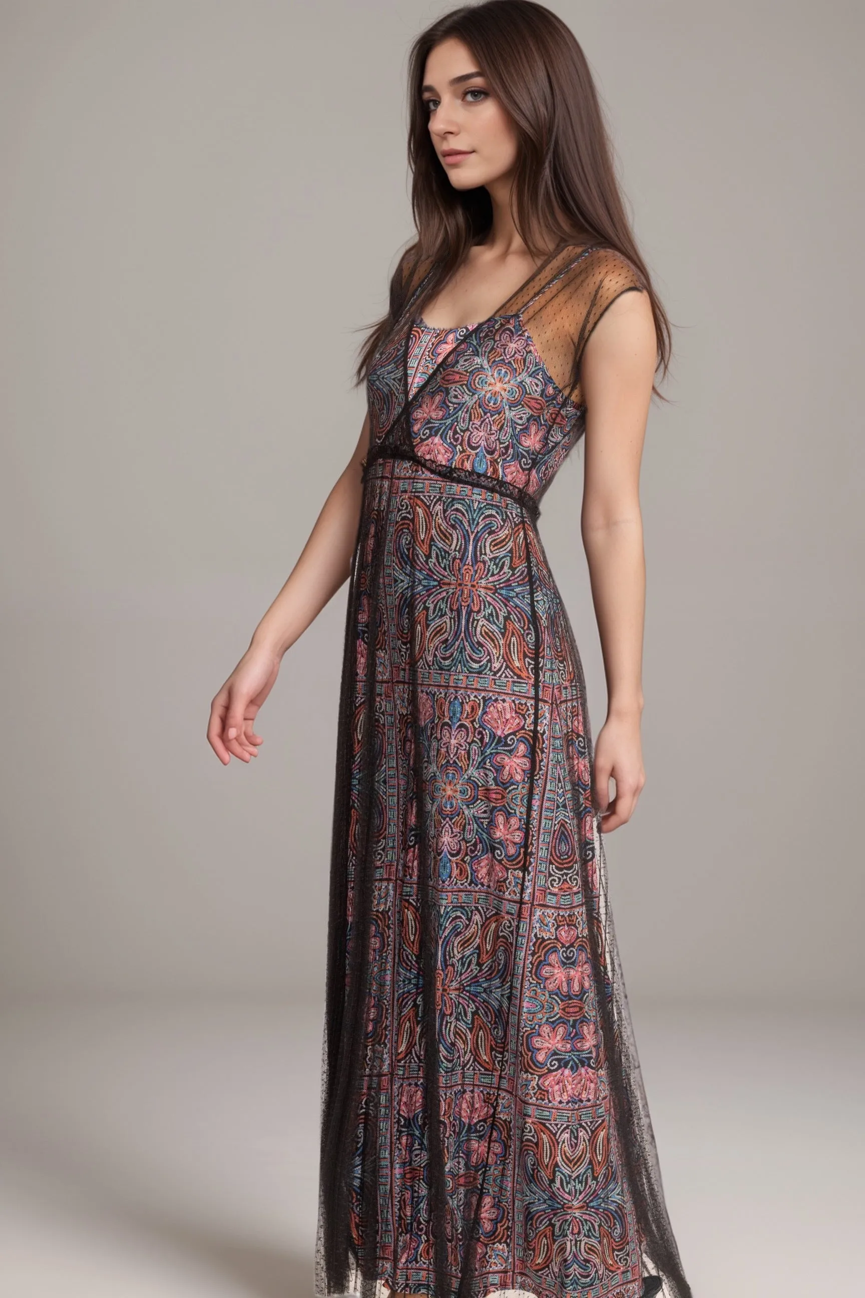 Johnny Was Jade Black Justina Pleated Mesh Maxi Dress L31324