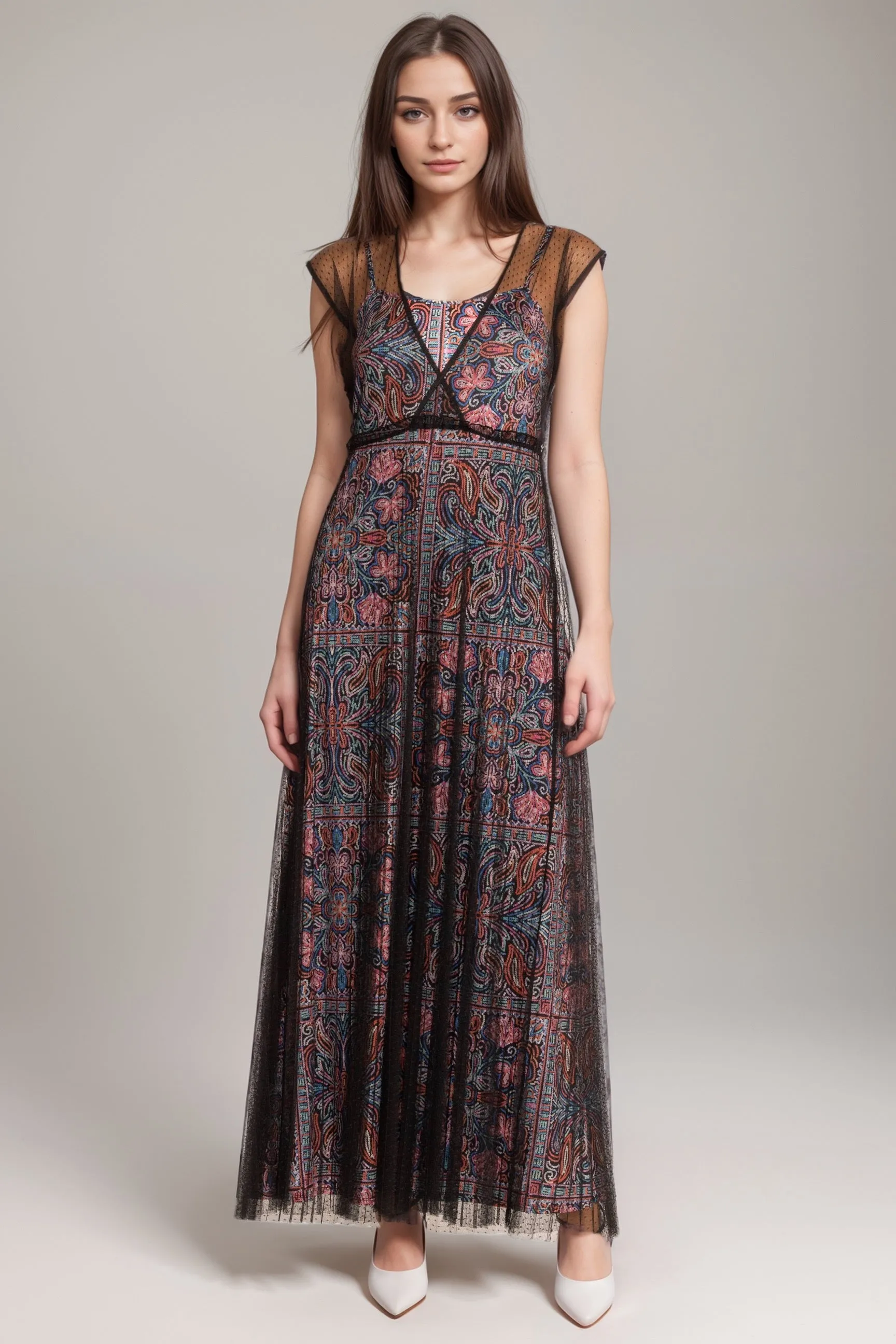Johnny Was Jade Black Justina Pleated Mesh Maxi Dress L31324