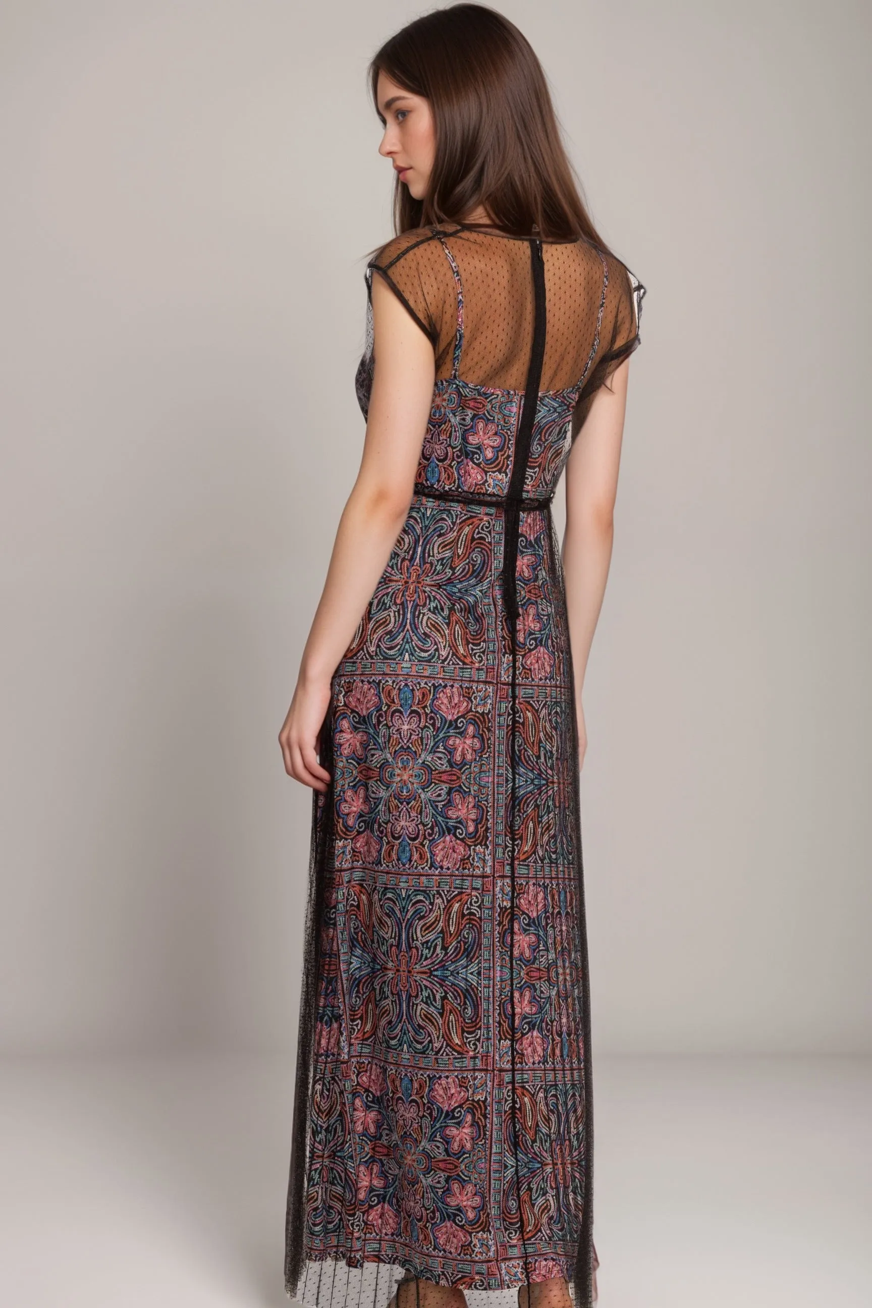Johnny Was Jade Black Justina Pleated Mesh Maxi Dress L31324