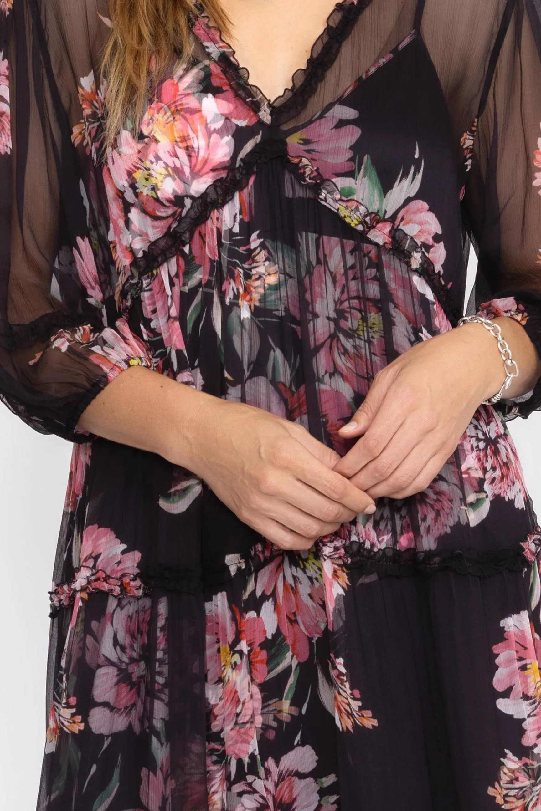Johnny Was Jade Black Lizzy Ruffle Chiffon Maxi Dress L31824 Plus Size
