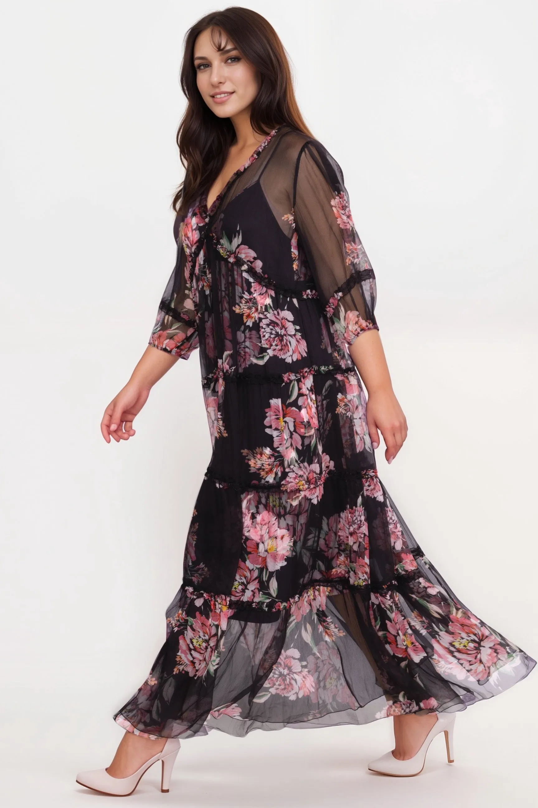 Johnny Was Jade Black Lizzy Ruffle Chiffon Maxi Dress L31824 Plus Size
