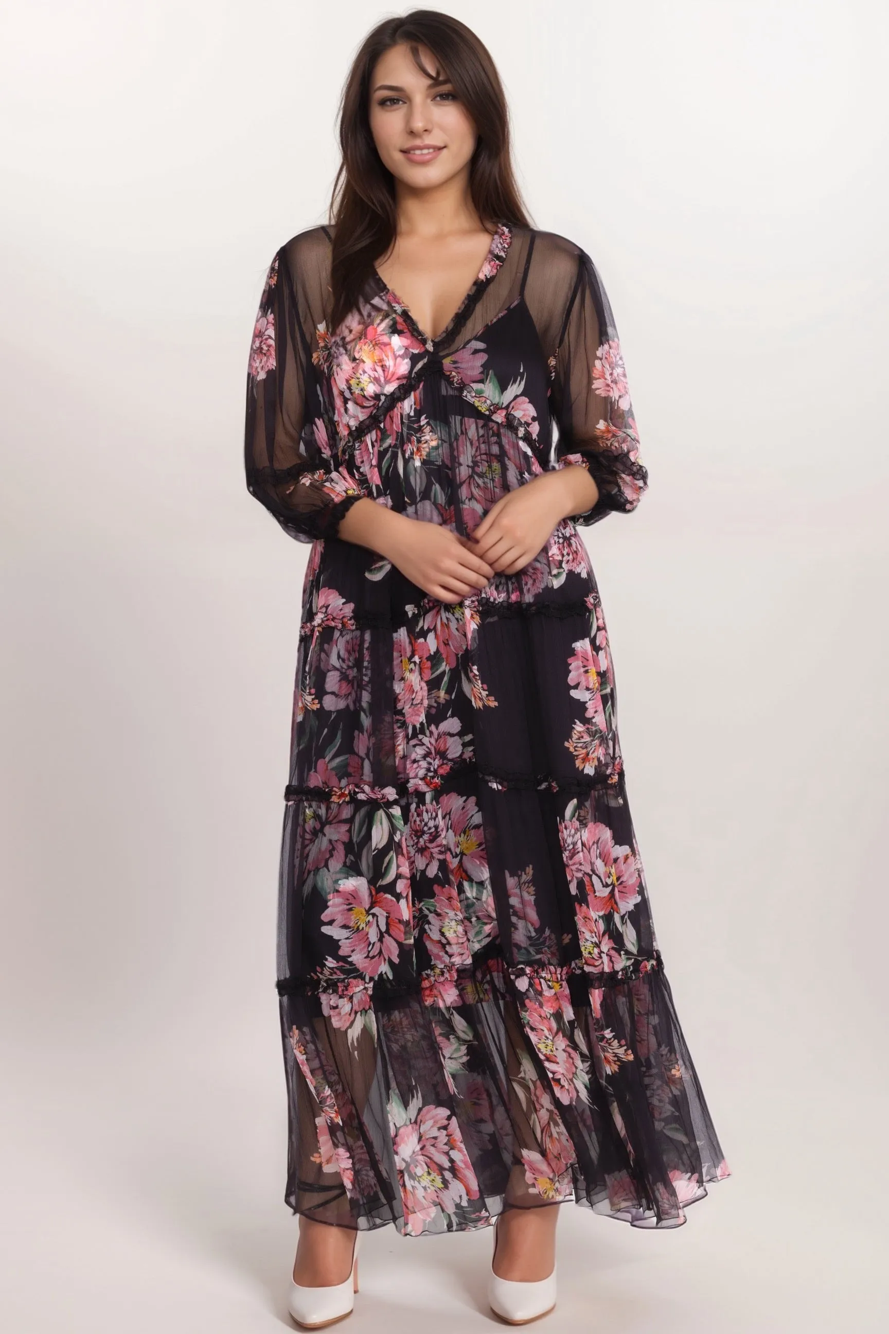 Johnny Was Jade Black Lizzy Ruffle Chiffon Maxi Dress L31824 Plus Size