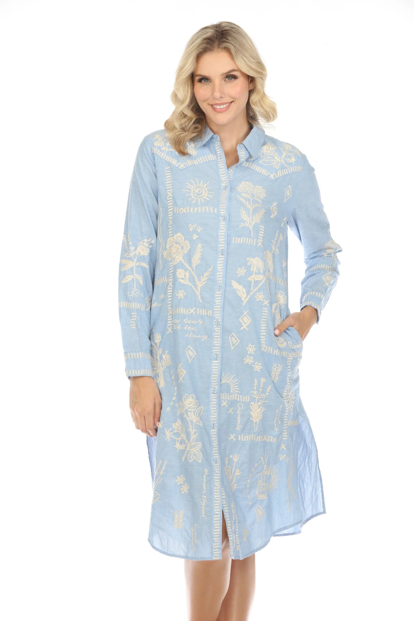Johnny Was Workshop Blue Embroidered Midi Shirt Dress Boho Chic W29424