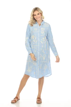 Johnny Was Workshop Blue Embroidered Midi Shirt Dress Boho Chic W29424