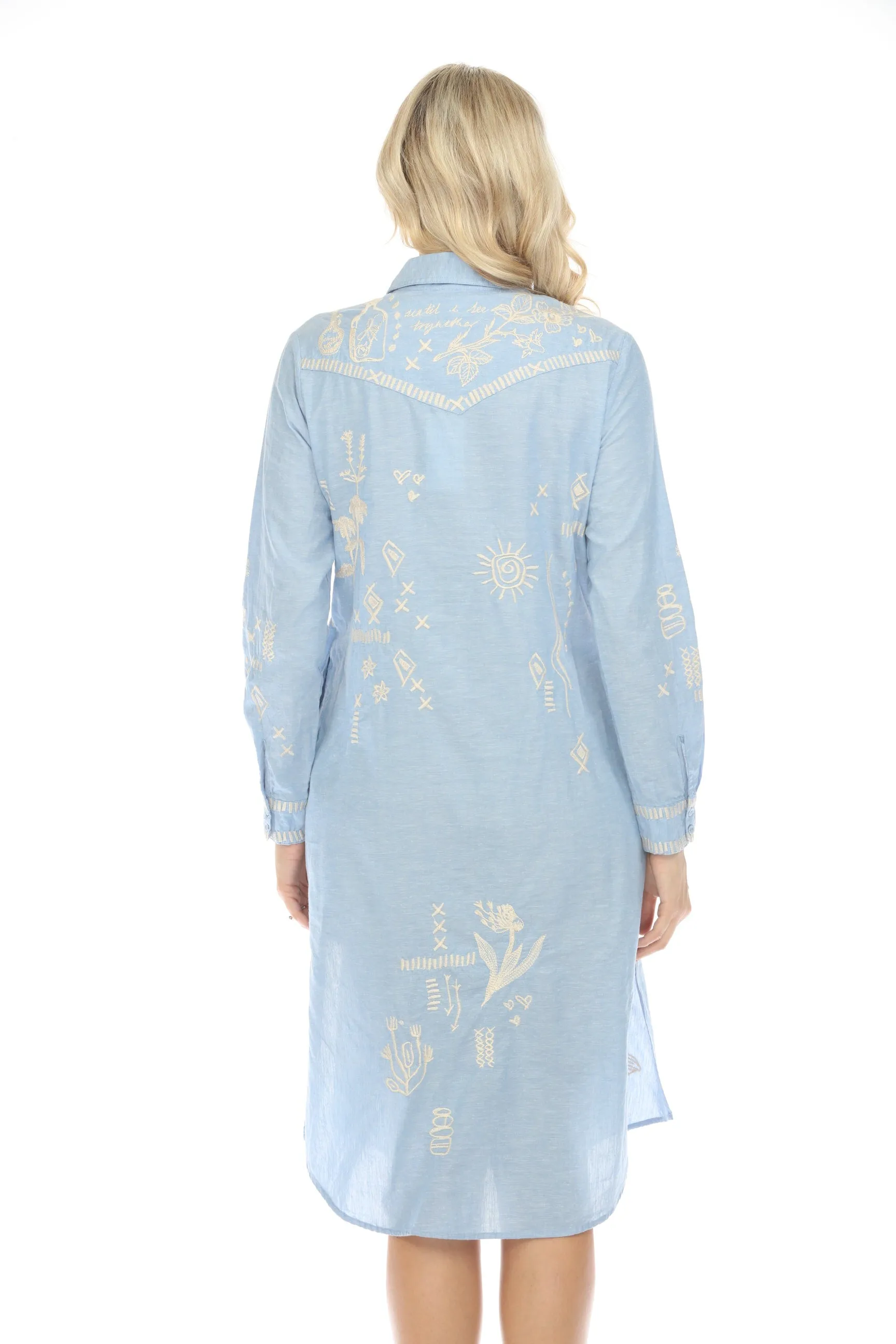 Johnny Was Workshop Blue Embroidered Midi Shirt Dress Boho Chic W29424