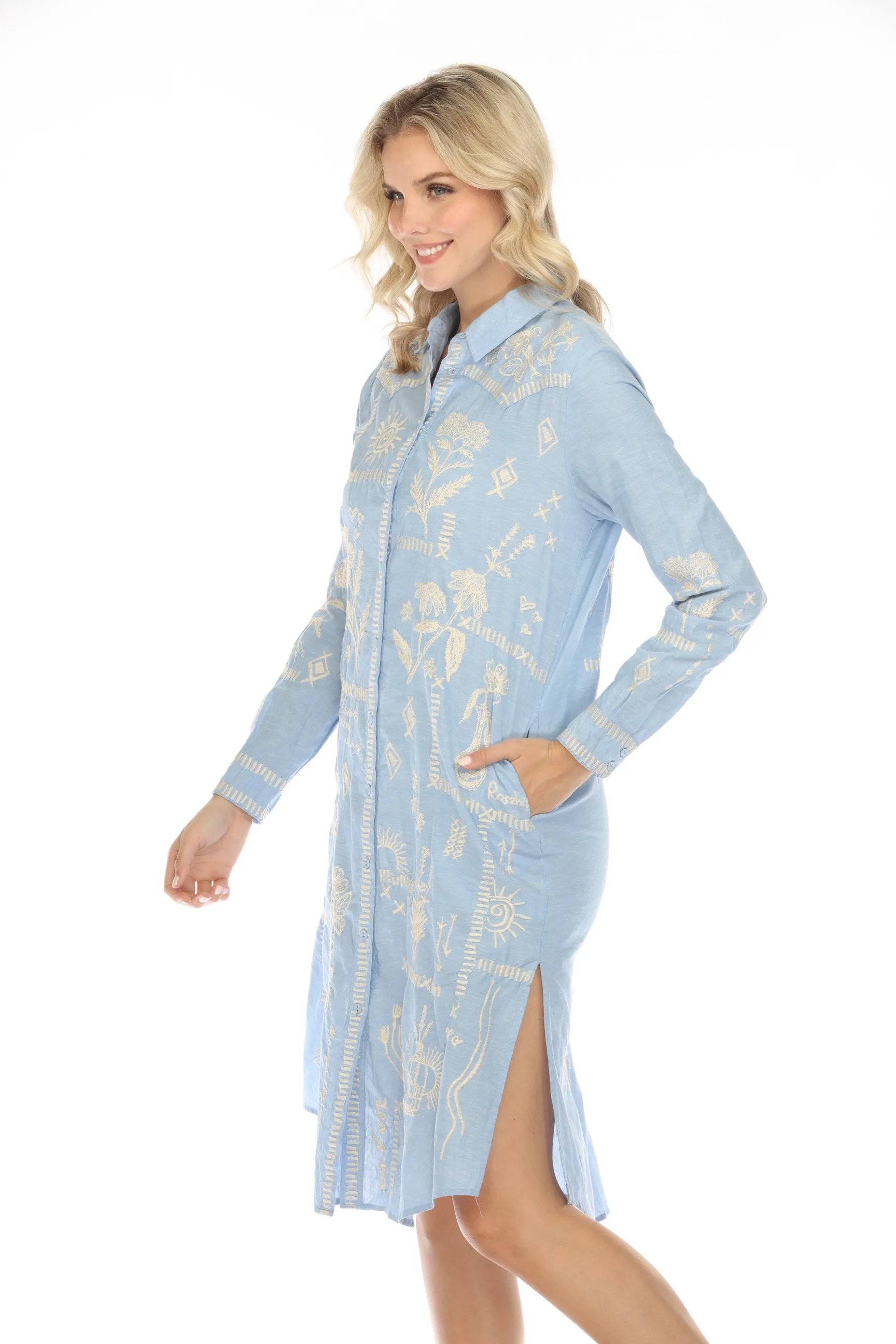 Johnny Was Workshop Blue Embroidered Midi Shirt Dress Boho Chic W29424
