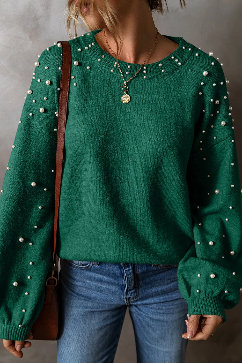 KaleaBoutique Pearled Drop Shoulder Round Neck Sweater
