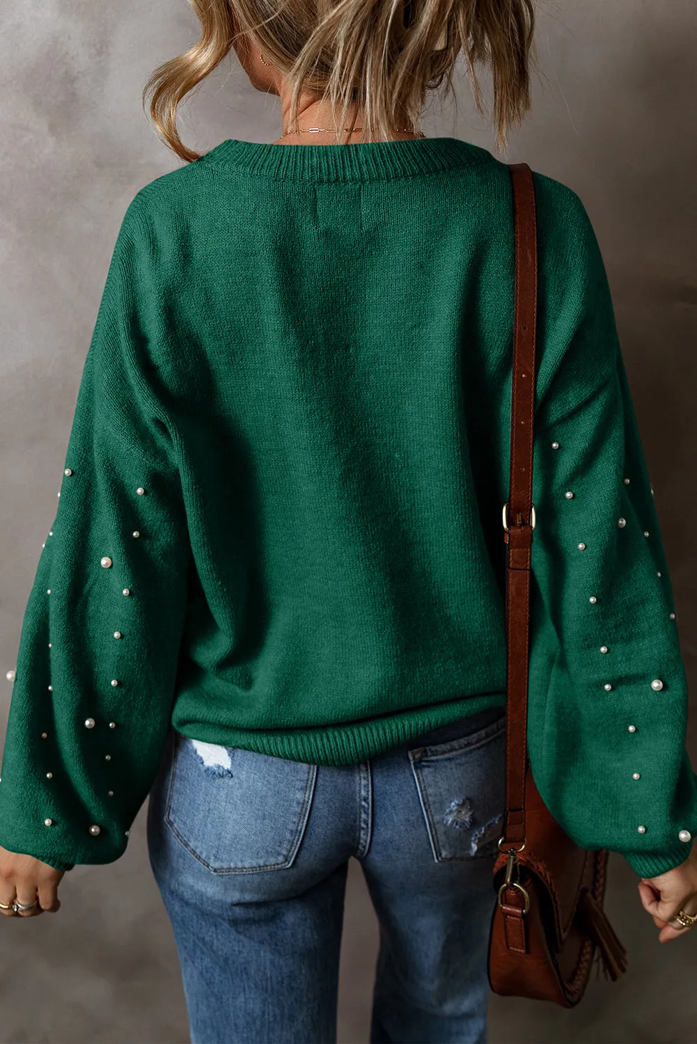 KaleaBoutique Pearled Drop Shoulder Round Neck Sweater