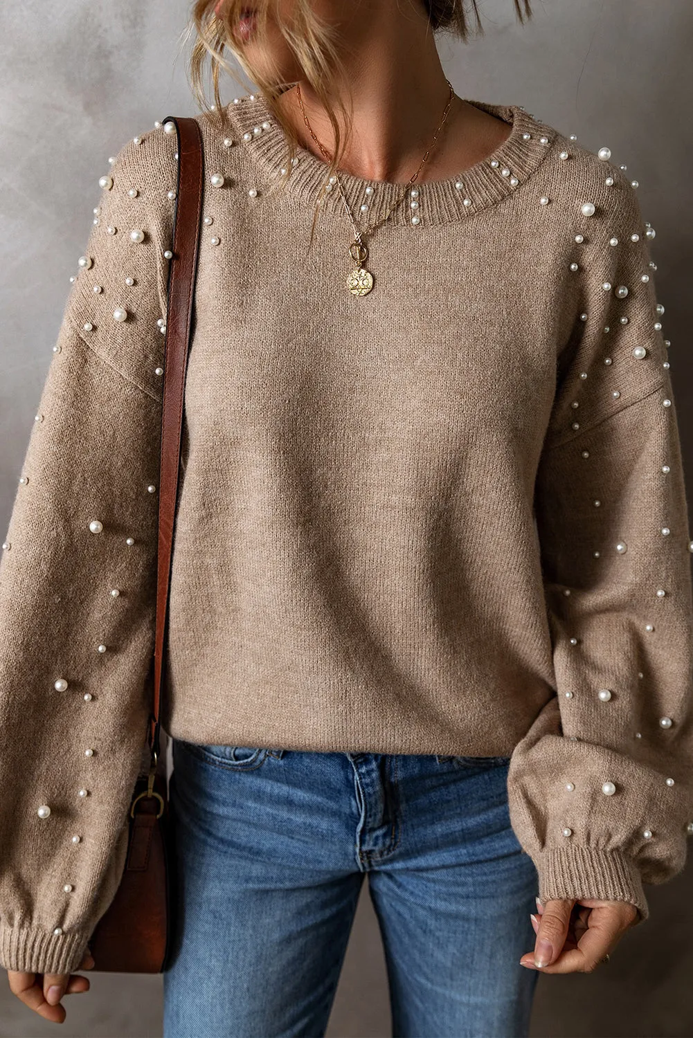 KaleaBoutique Pearled Drop Shoulder Round Neck Sweater