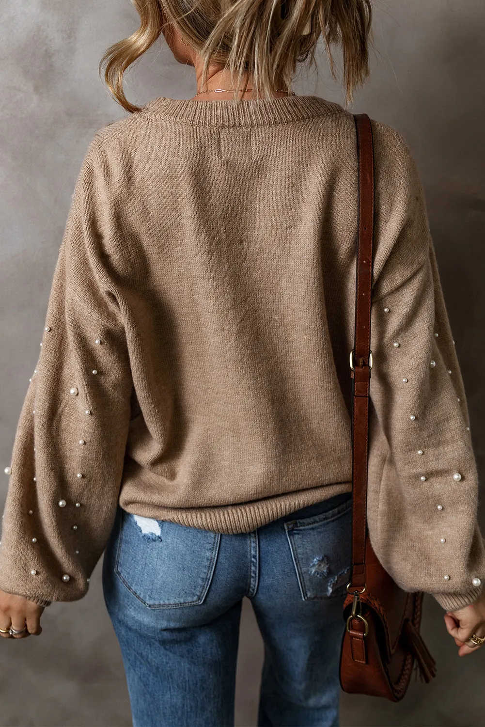 KaleaBoutique Pearled Drop Shoulder Round Neck Sweater