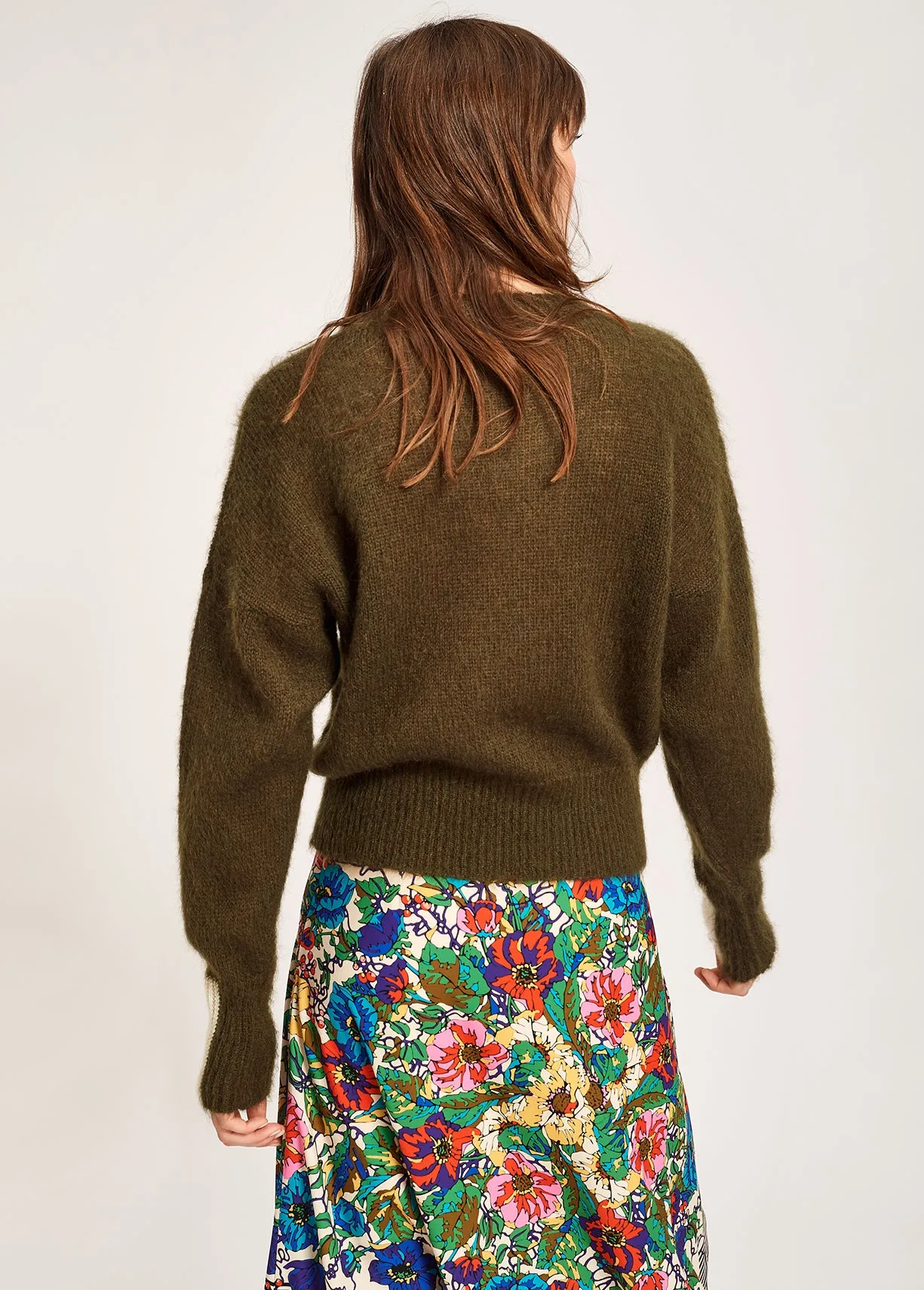 Khaki green light knit sweater with contrasting cuffs