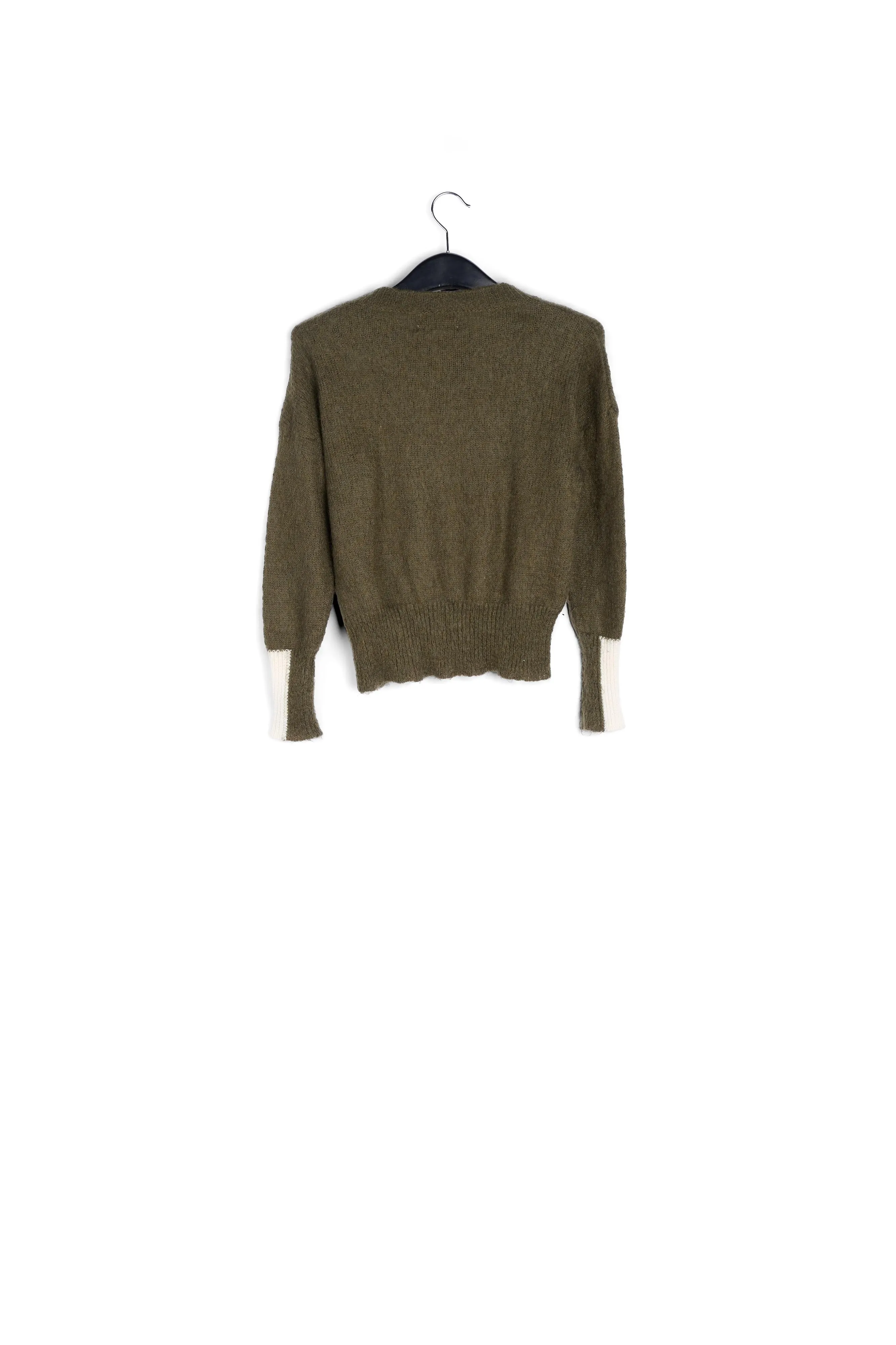 Khaki green light knit sweater with contrasting cuffs