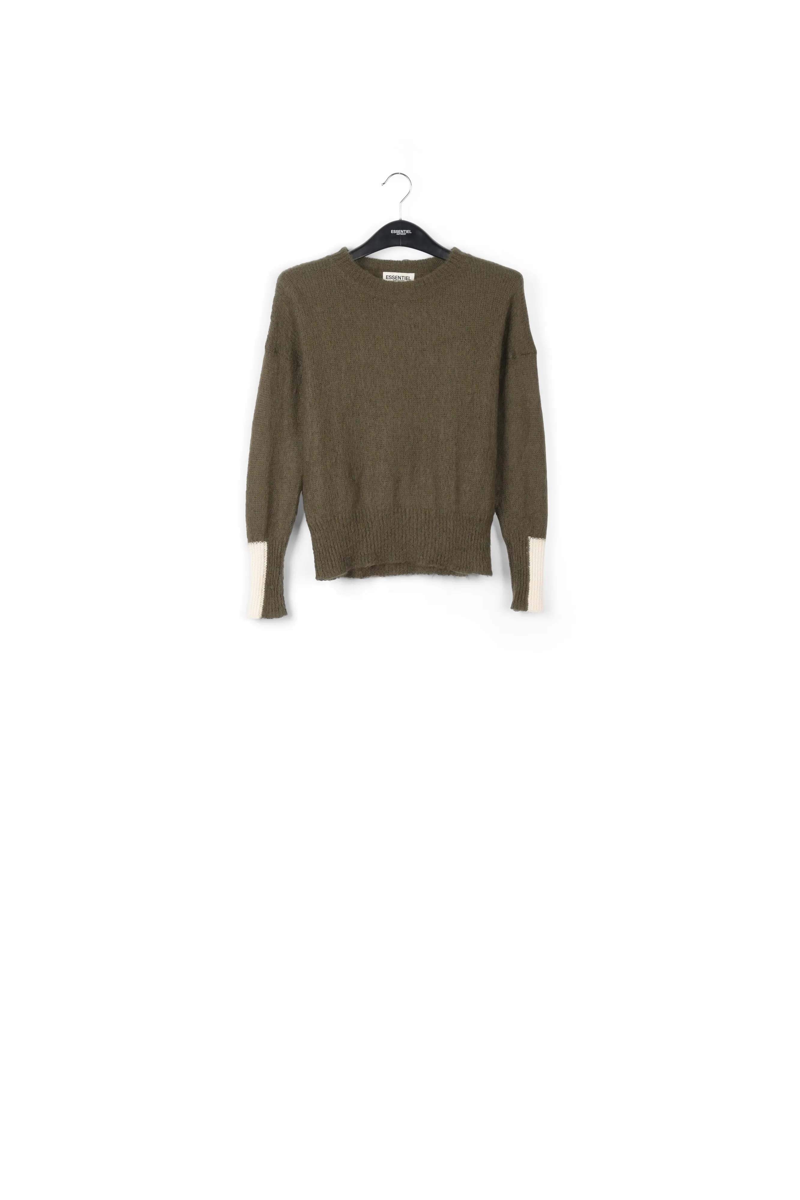 Khaki green light knit sweater with contrasting cuffs