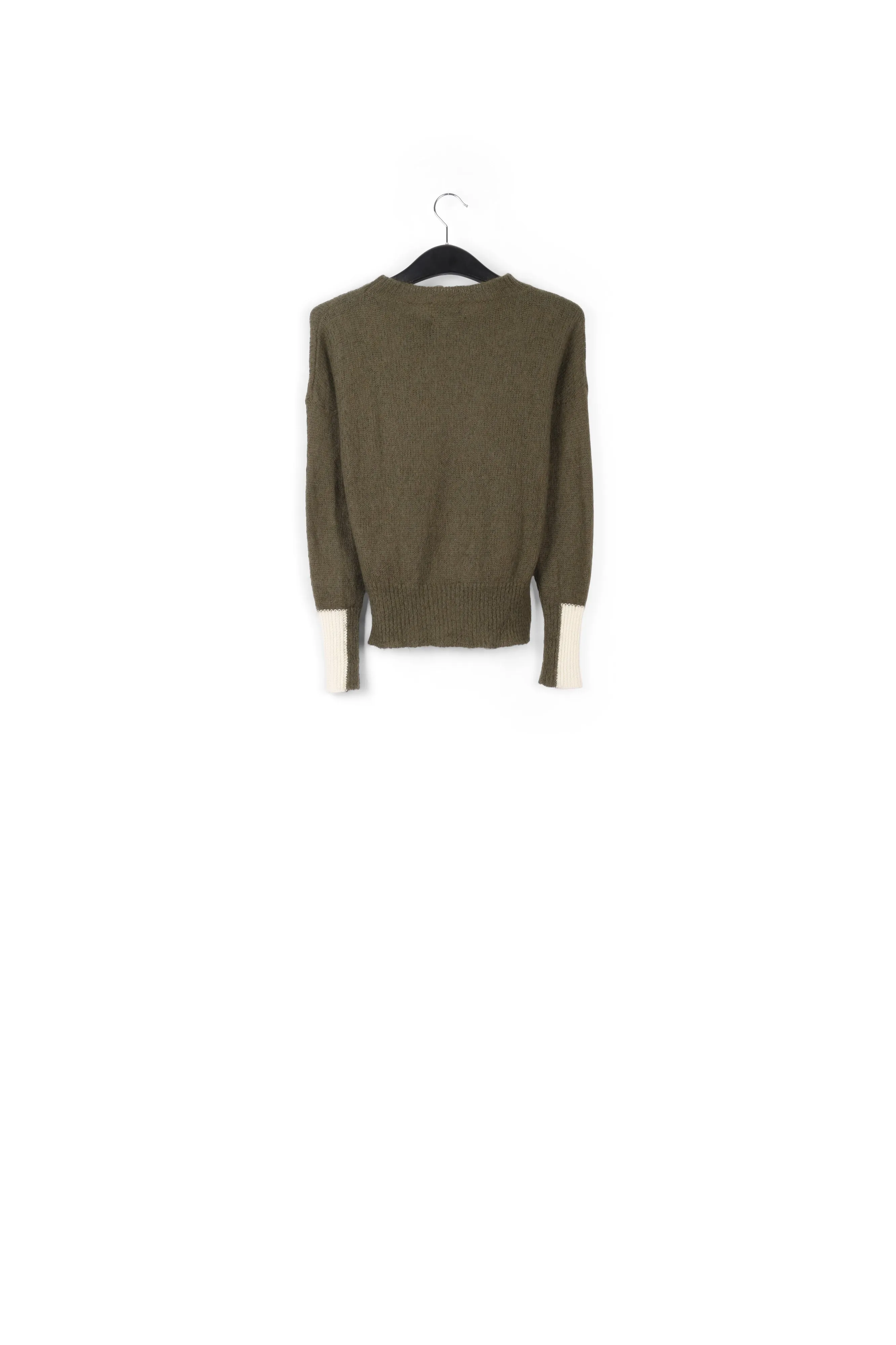 Khaki green light knit sweater with contrasting cuffs