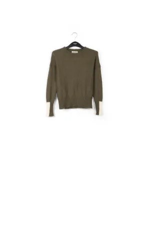 Khaki green light knit sweater with contrasting cuffs