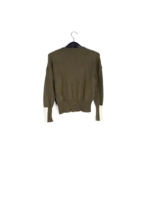 Khaki green light knit sweater with contrasting cuffs