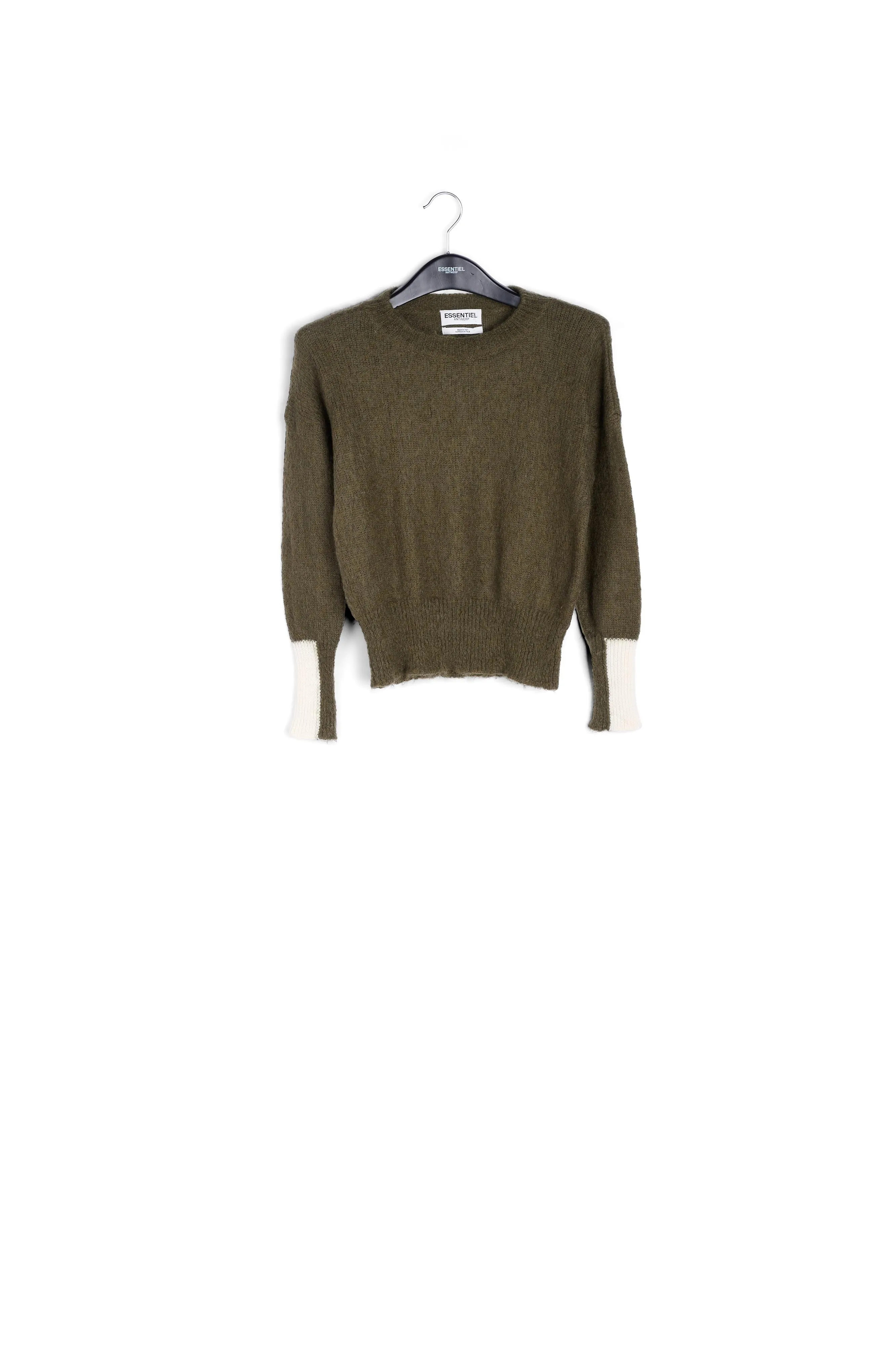 Khaki green light knit sweater with contrasting cuffs