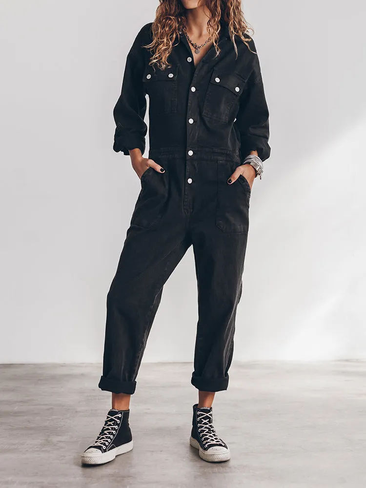 Ladies' Jumpsuit with Relaxed Fit and Button Placket at the Front