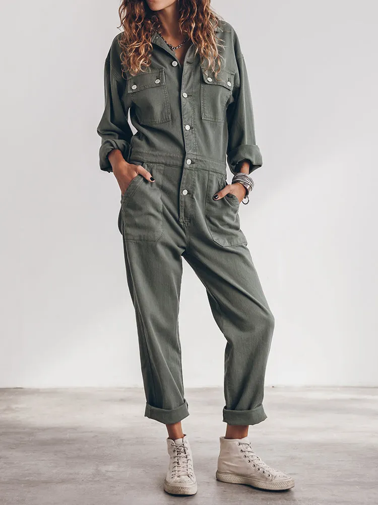 Ladies' Jumpsuit with Relaxed Fit and Button Placket at the Front