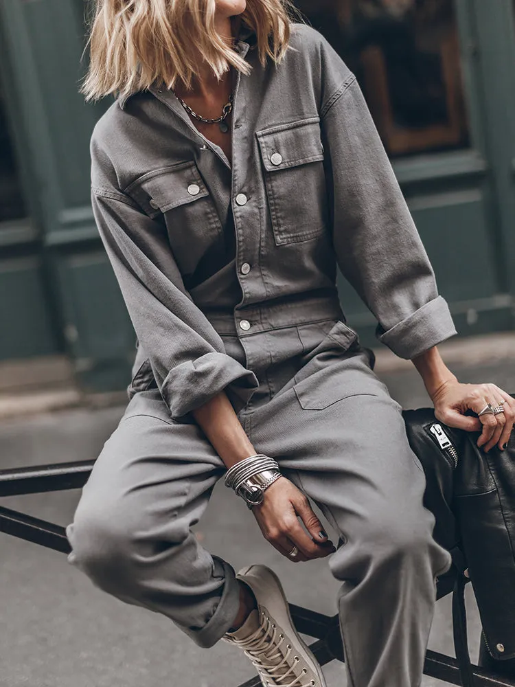 Ladies' Jumpsuit with Relaxed Fit and Button Placket at the Front